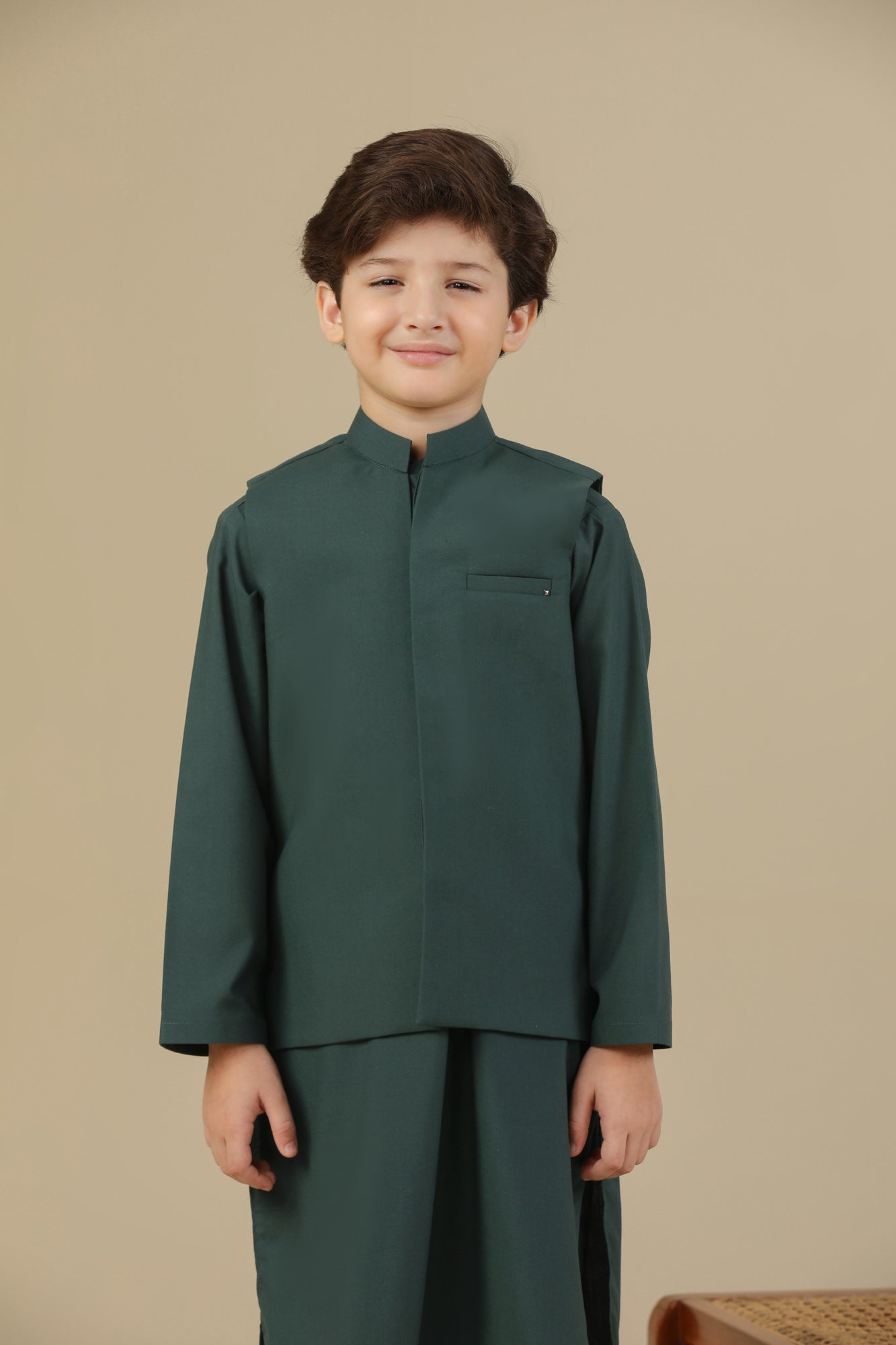 Bottle Green Kurta Trouser with Blended Waistcoat - Kids