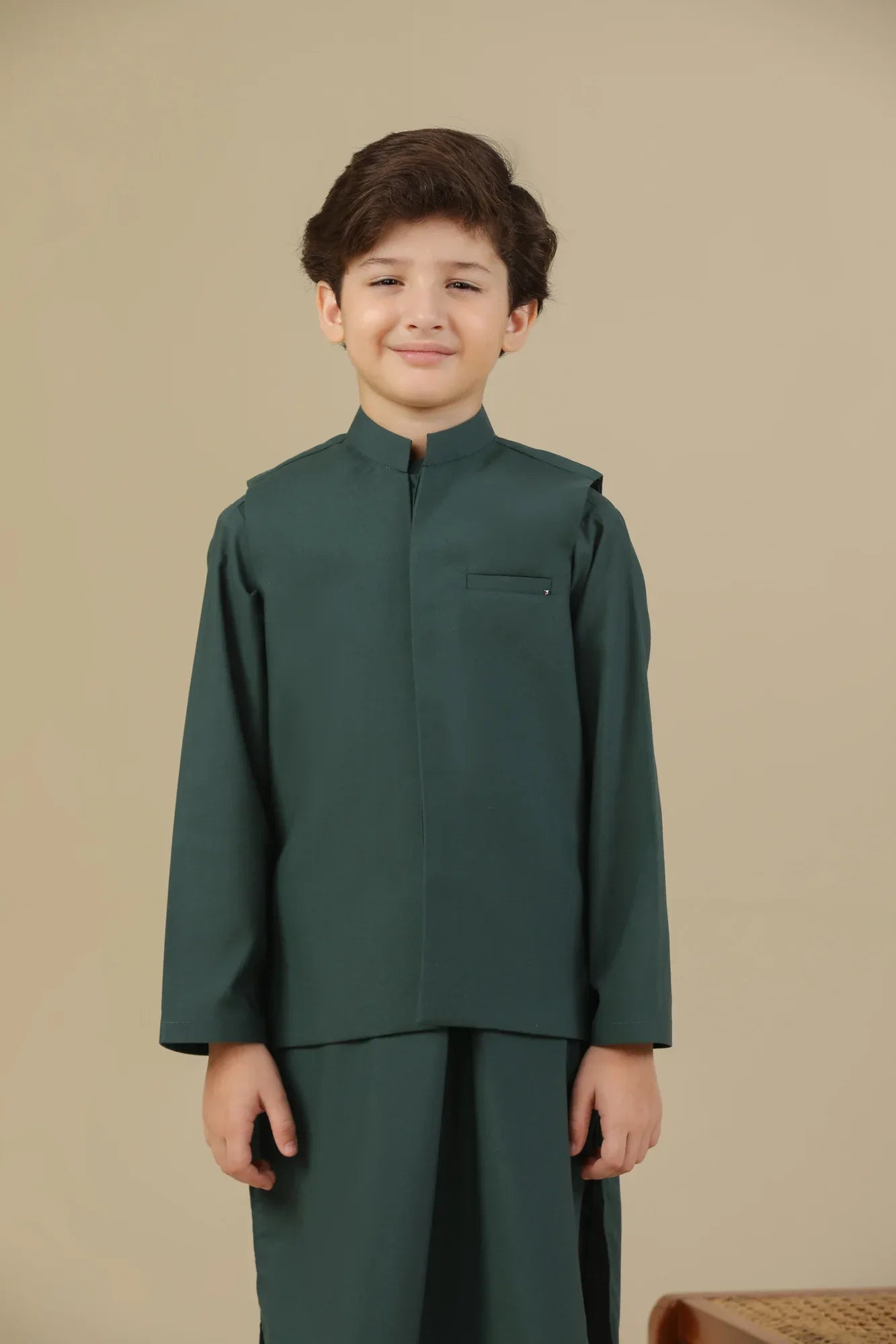 Bottle Green Kurta Trouser with Blended Waistcoat - Kids - Muraqsh -- Kidswear