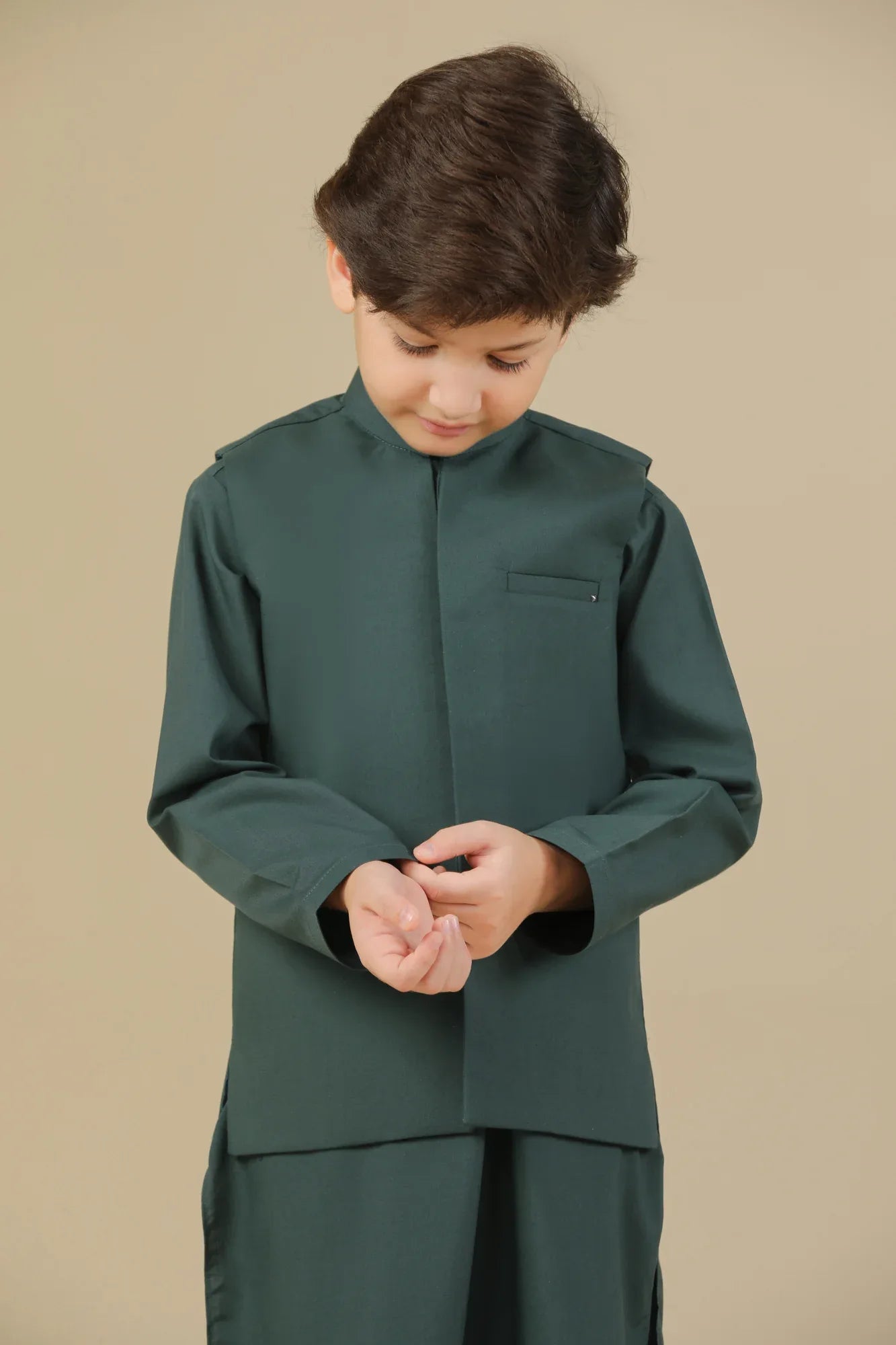 Bottle Green Kurta Trouser with Blended Waistcoat - Kids - Muraqsh -- Kidswear