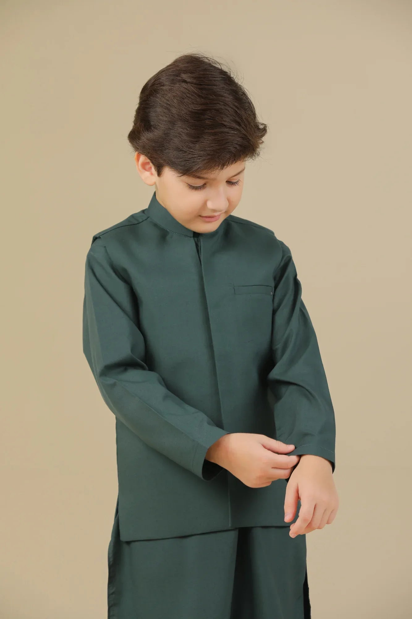 Bottle Green Kurta Trouser with Blended Waistcoat - Kids - Muraqsh -- Kidswear