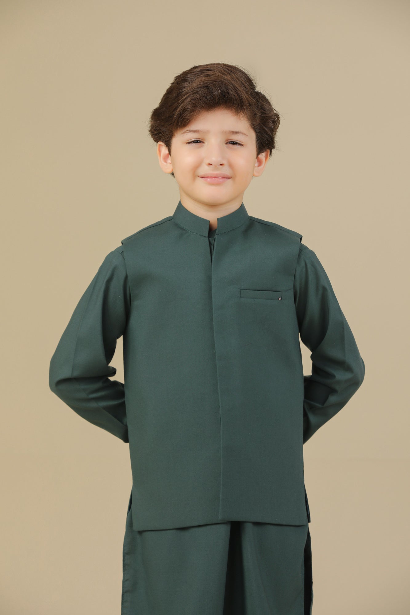 Bottle Green Kurta Trouser with Blended Waistcoat - Kids
