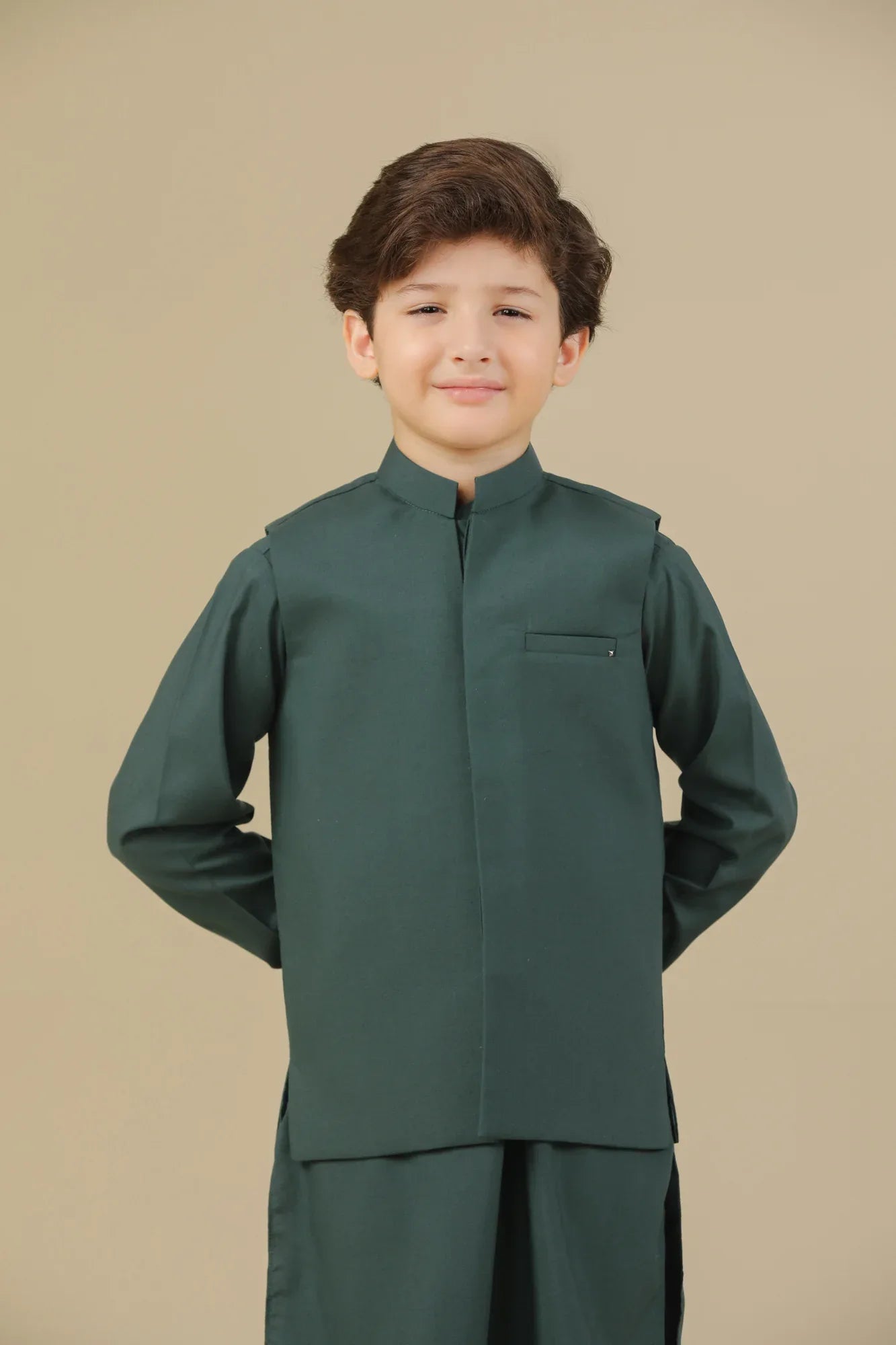 Bottle Green Kurta Trouser with Blended Waistcoat - Kids - Muraqsh -- Kidswear