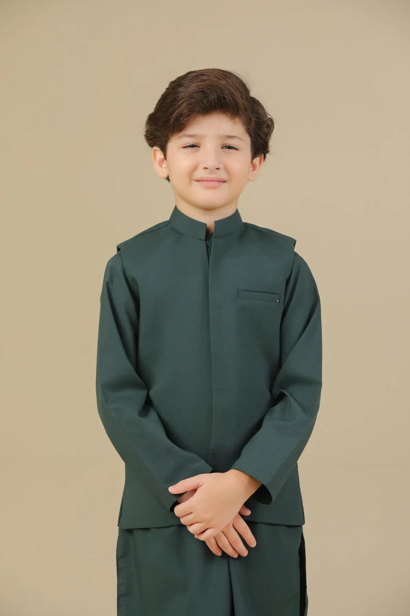 Bottle Green Kurta Trouser with Blended Waistcoat - Kids - Muraqsh -- Kidswear