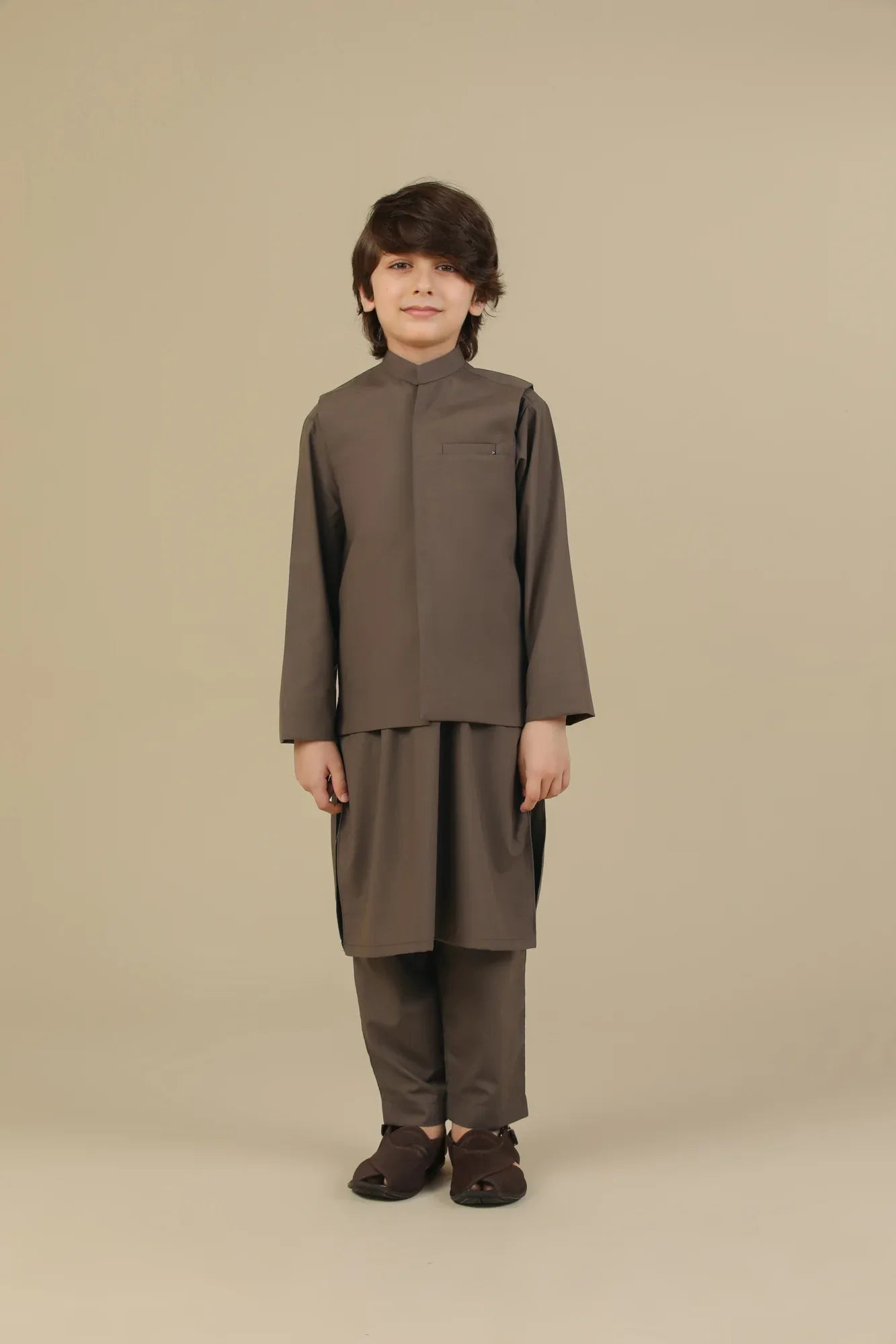 Light Brown Kurta Trouser with Blended Waistcoat - Kids - Muraqsh -- Kidswear