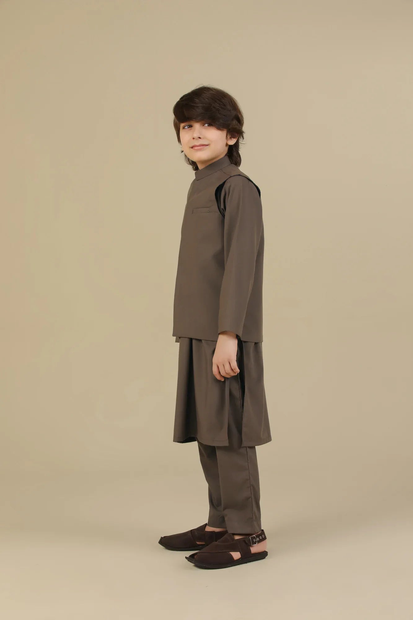 Light Brown Kurta Trouser with Blended Waistcoat - Kids - Muraqsh -- Kidswear