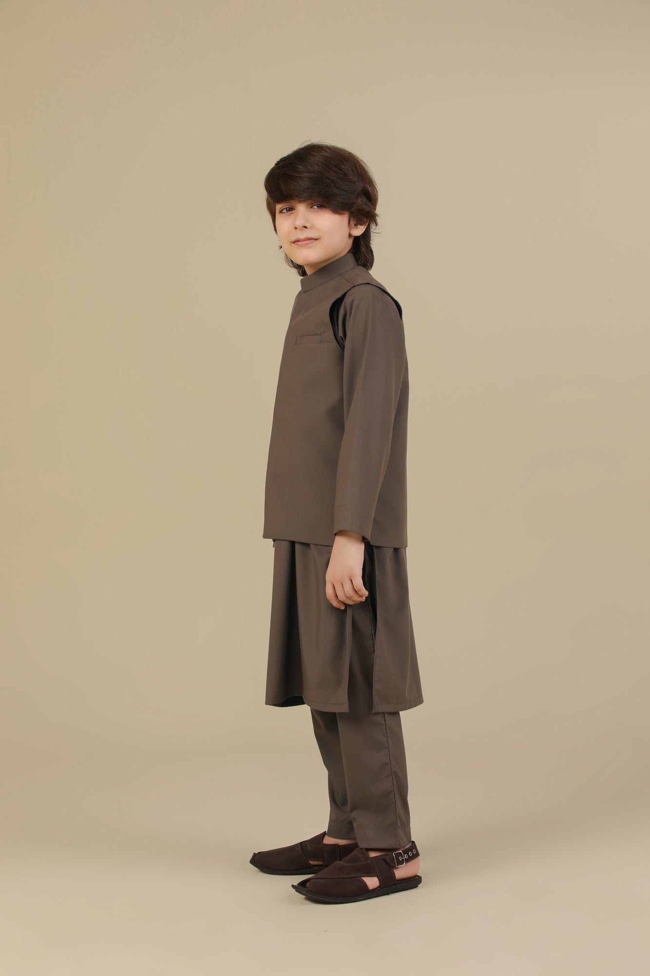 Light Brown Kurta Trouser with Blended Waistcoat - Kids