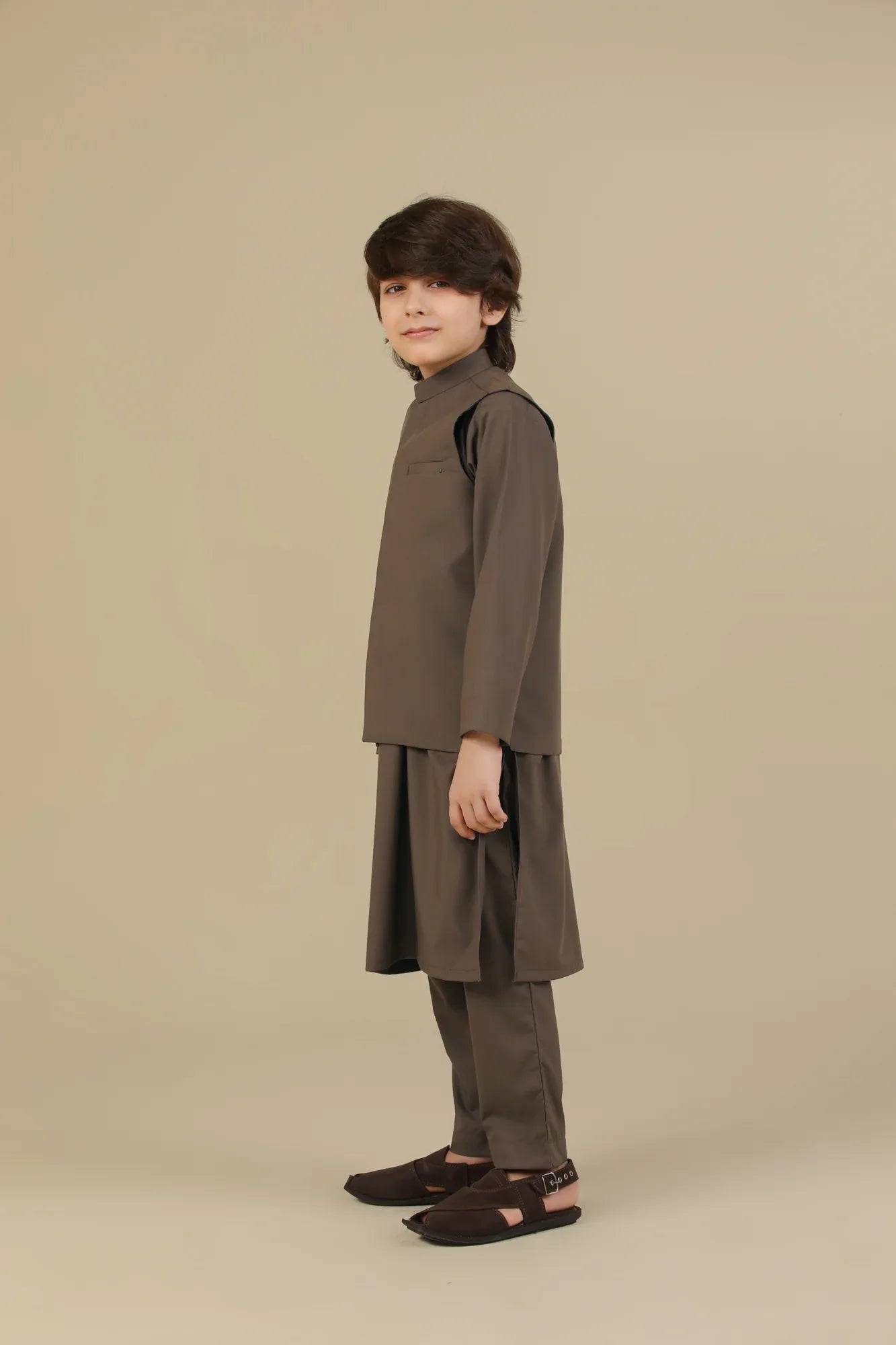 Light Brown Kurta Trouser with Blended Waistcoat - Kids - Muraqsh -- Kidswear