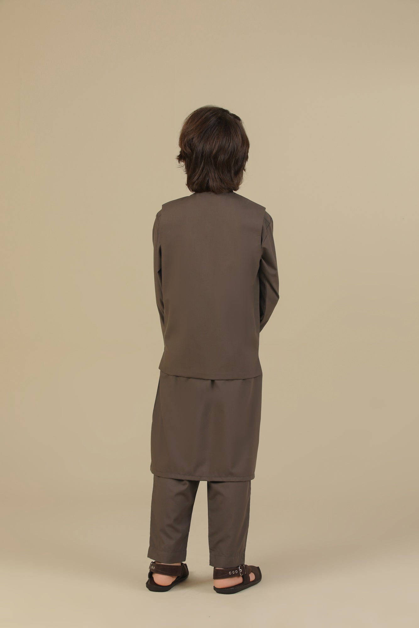 Light Brown Kurta Trouser with Blended Waistcoat - Kids