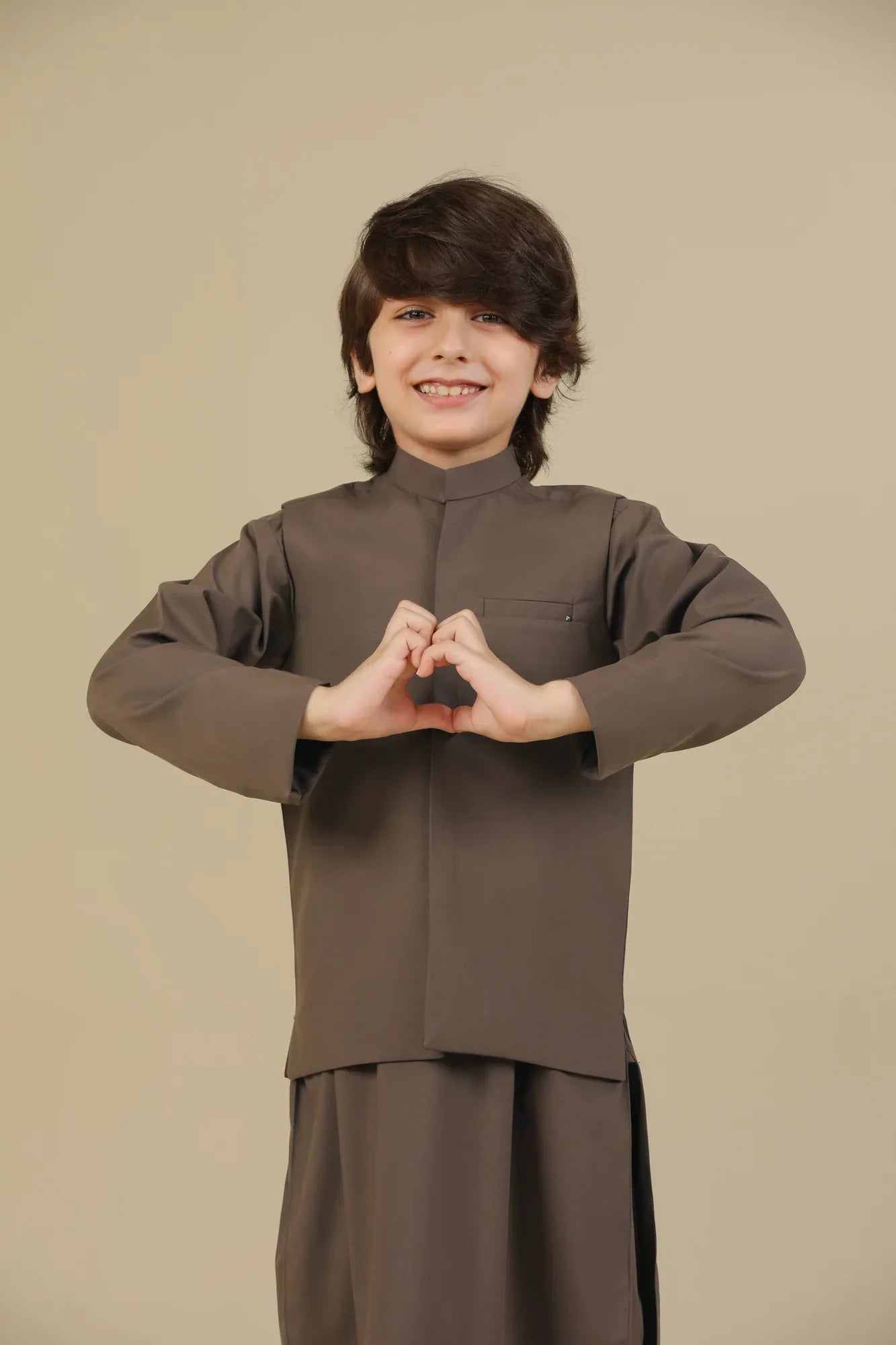 Light Brown Kurta Trouser with Blended Waistcoat - Kids - Muraqsh -- Kidswear