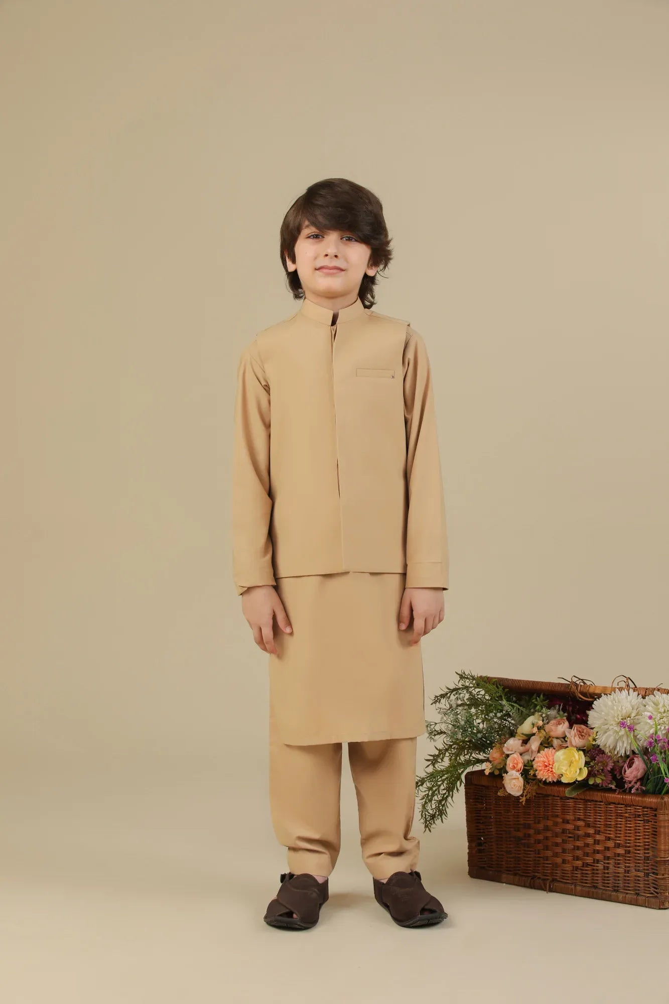 Camel Kurta Trouser with Blended Waistcoat - Kids - Muraqsh -- Kidswear