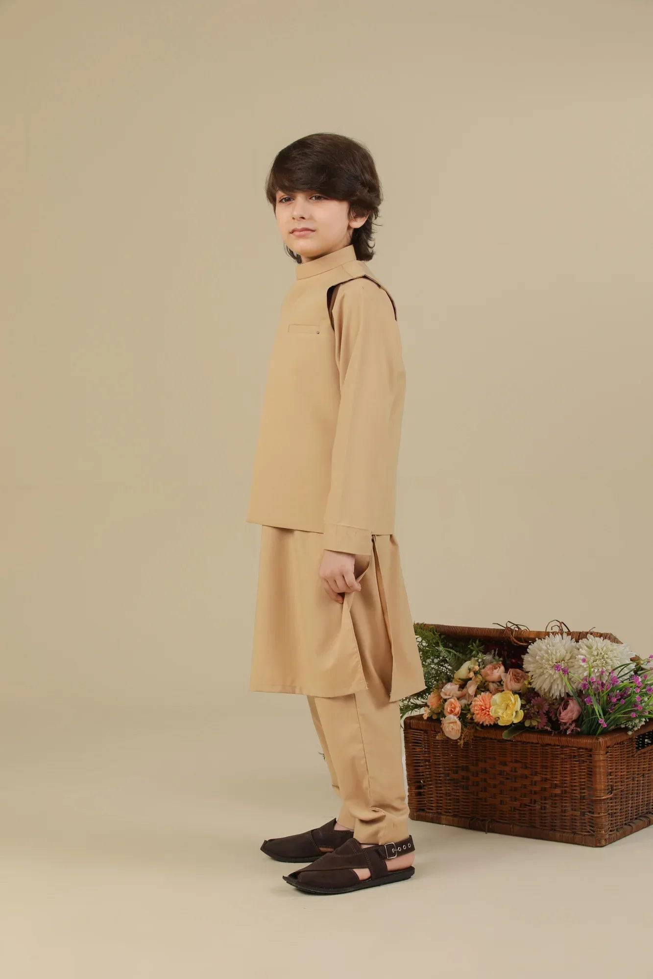 Camel Kurta Trouser with Blended Waistcoat - Kids - Muraqsh -- Kidswear