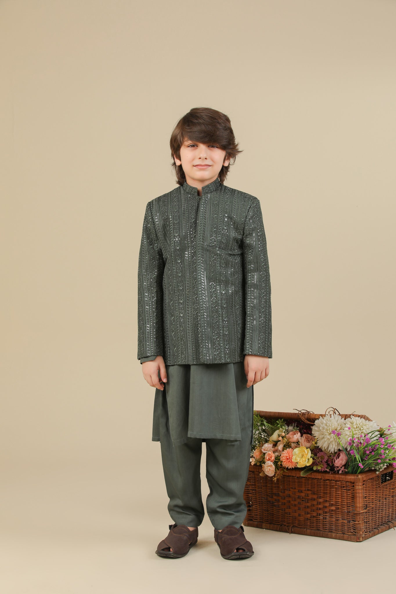 Olive Green Kurta Trouser with Falling Embroidered Prince Coat - 3PC - Kids