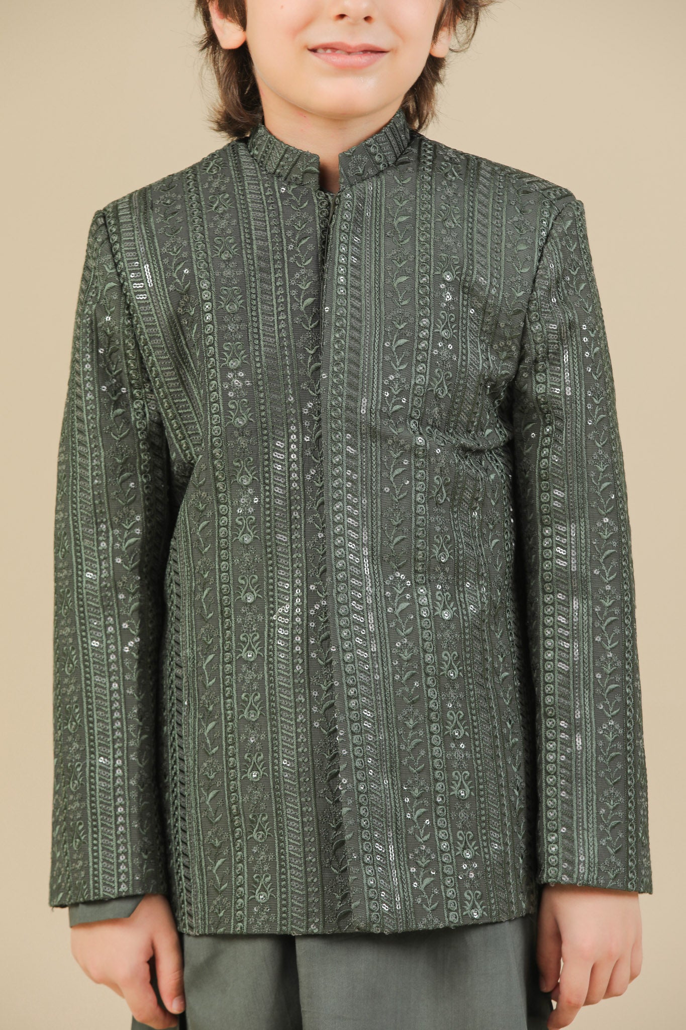 Olive Green Falling Embroidered Prince Coat - Kids