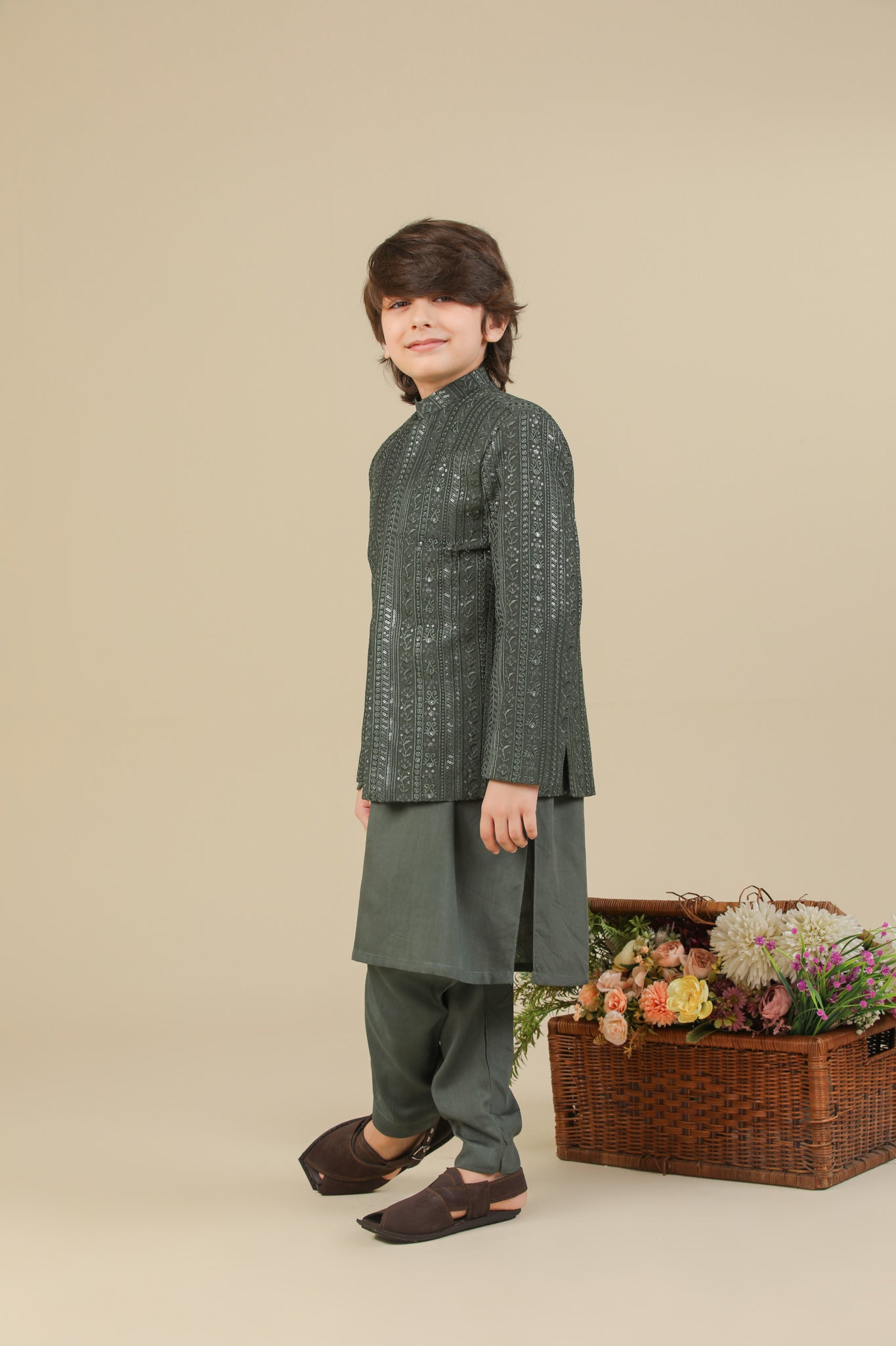 Olive Green Kurta Trouser with Falling Embroidered Prince Coat - 3PC - Kids