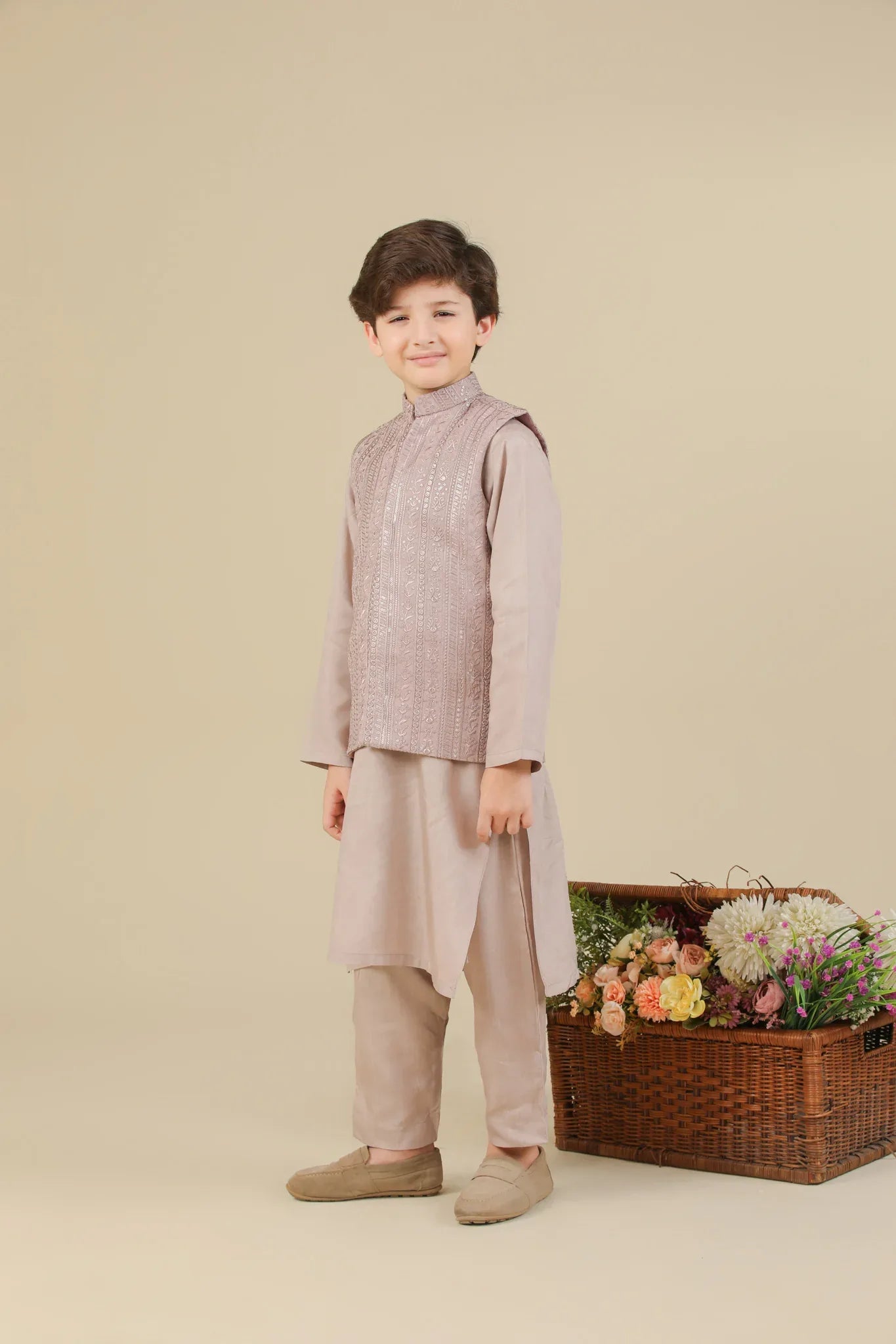 Pink Kurta Trouser with Falling Embroidered Waistcoat - 3PC - Kids - Muraqsh -- Kidswear