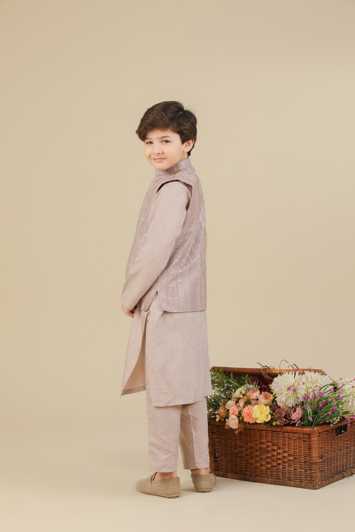 Pink Kurta Trouser with Falling Embroidered Waistcoat - 3PC - Kids
