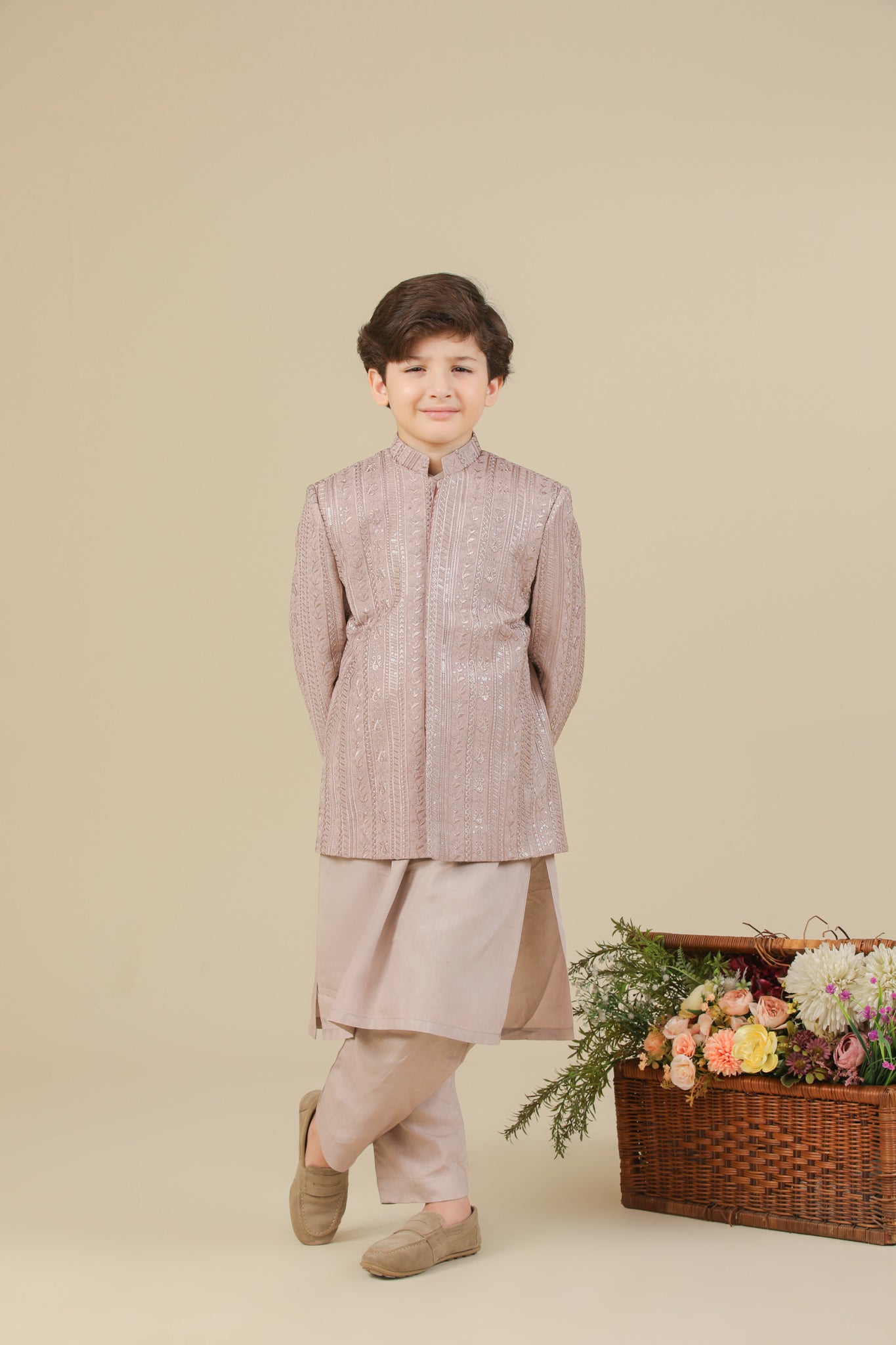 Pink Kurta Trouser with Falling Embroidered Prince Coat - 3PC - Kids