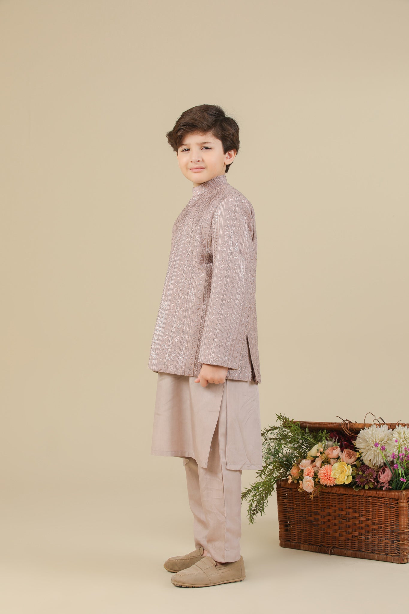 Pink Kurta Trouser with Falling Embroidered Prince Coat - 3PC - Kids