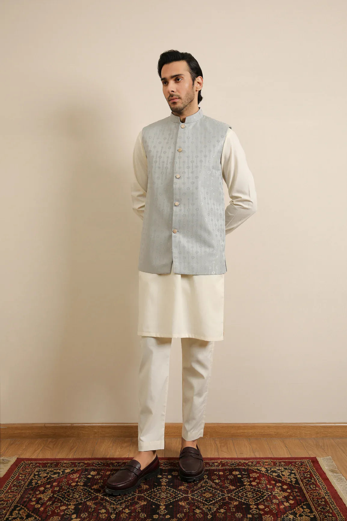 Bosky White Kurta Trouser with Sky Blue Jamawar Waistcoat - 3PC - Men - Muraqsh -- Wedding Wear