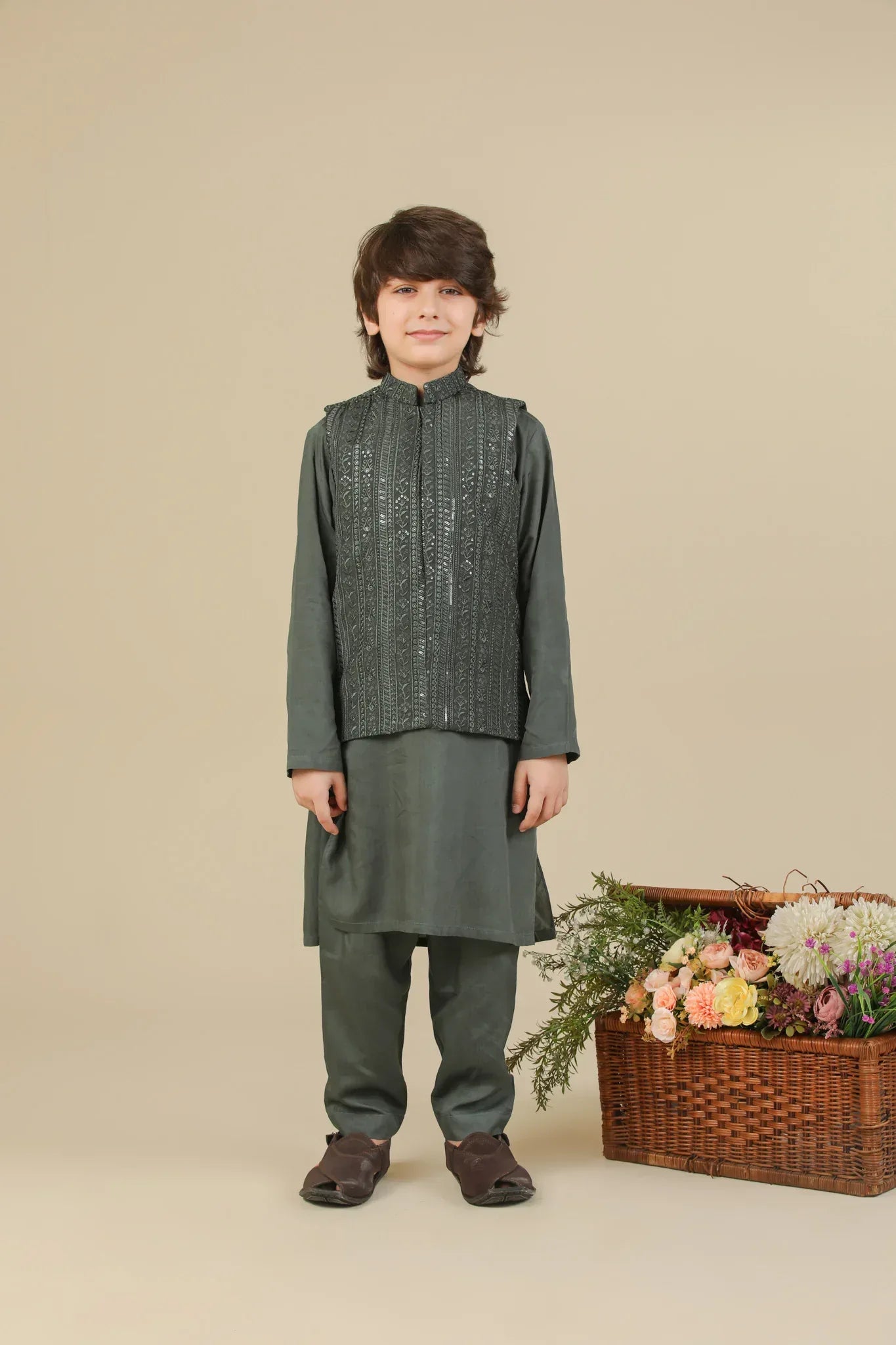 Olive Green Falling Embroidered Waistcoat - Kids - Muraqsh -- Kidswear