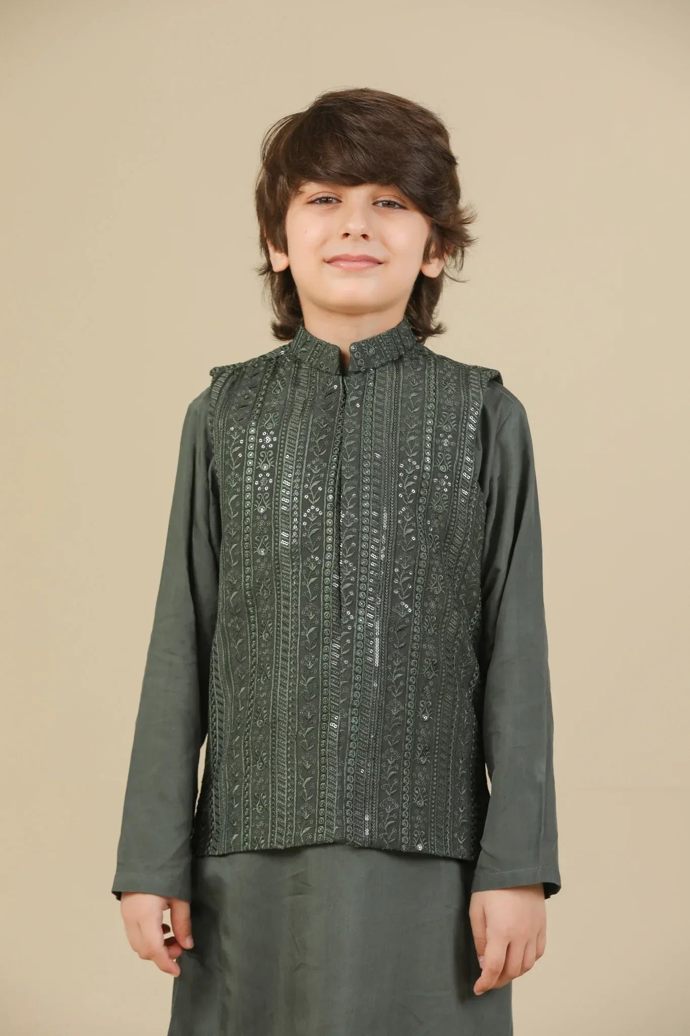 Olive Green Falling Embroidered Waistcoat - Kids - Muraqsh -- Kidswear