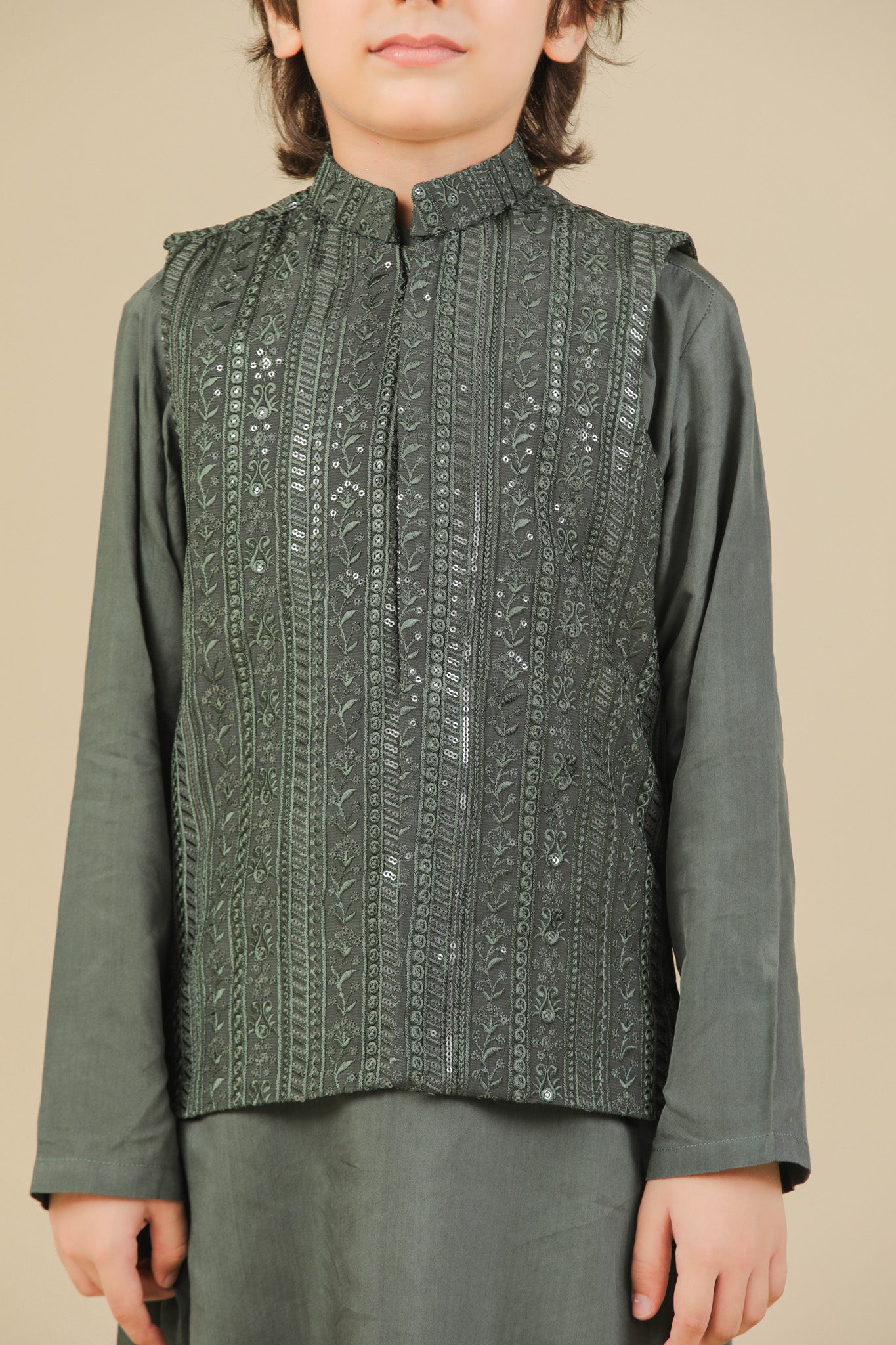 Olive Green Falling Embroidered Waistcoat - Kids