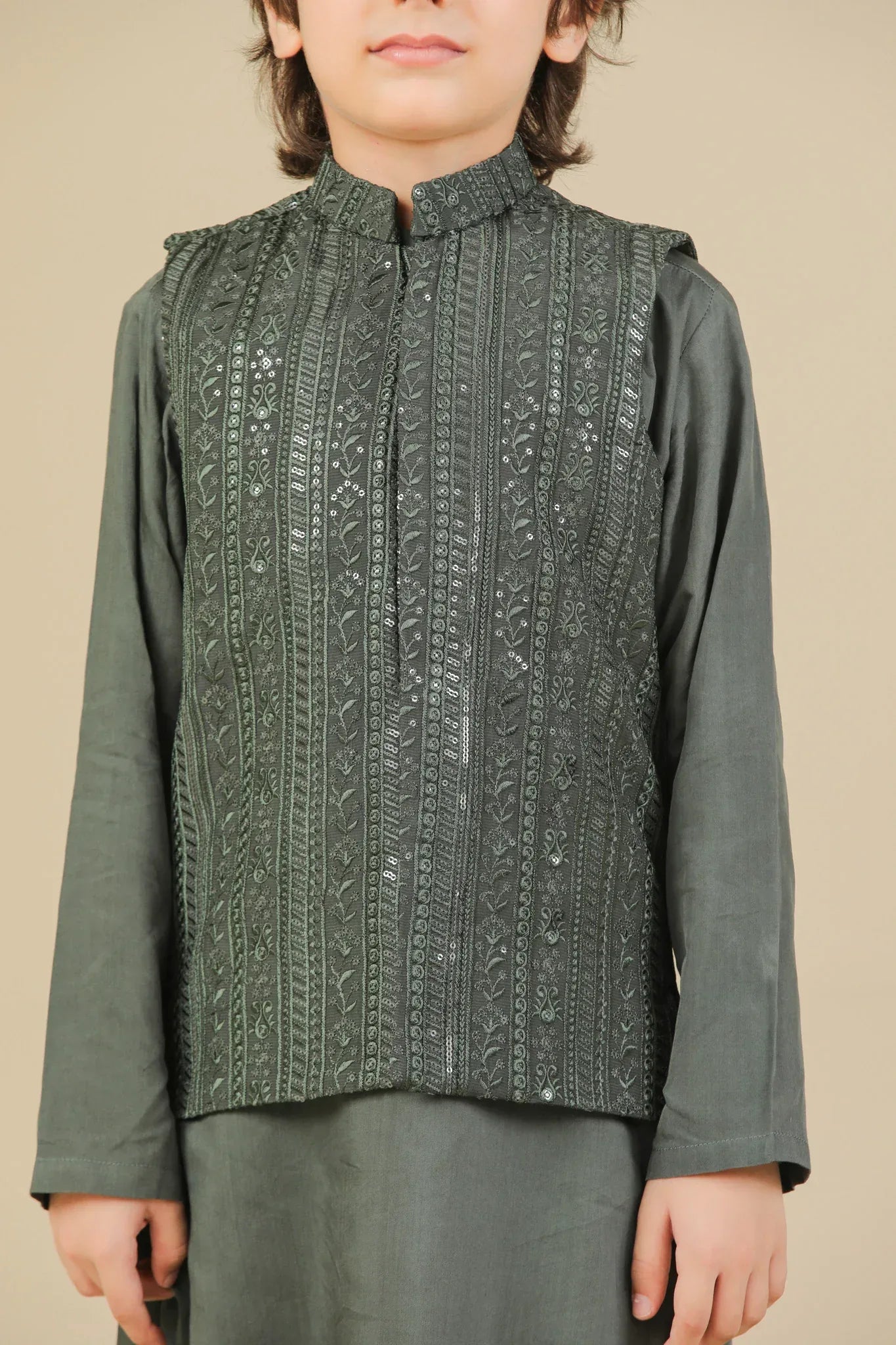 Olive Green Falling Embroidered Waistcoat - Kids - Muraqsh -- Kidswear