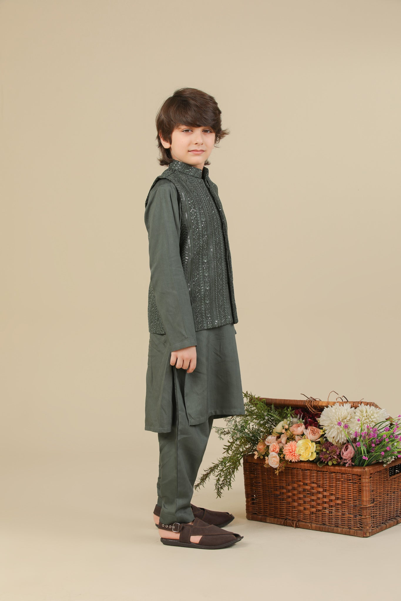 Olive Green Kurta Trouser with Falling Embroidered Waistcoat - 3PC - Kids