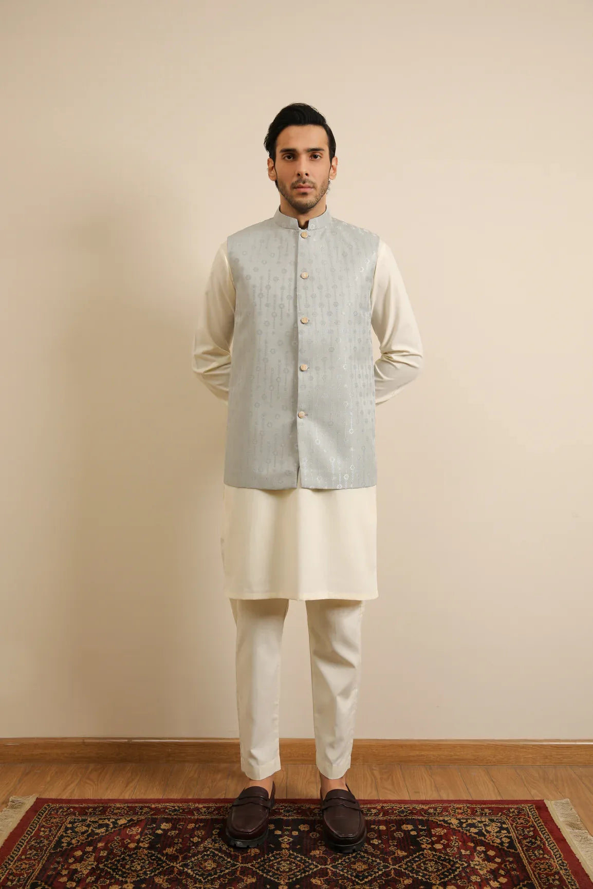 Bosky White Kurta Trouser with Sky Blue Jamawar Waistcoat - 3PC - Men - Muraqsh -- Wedding Wear