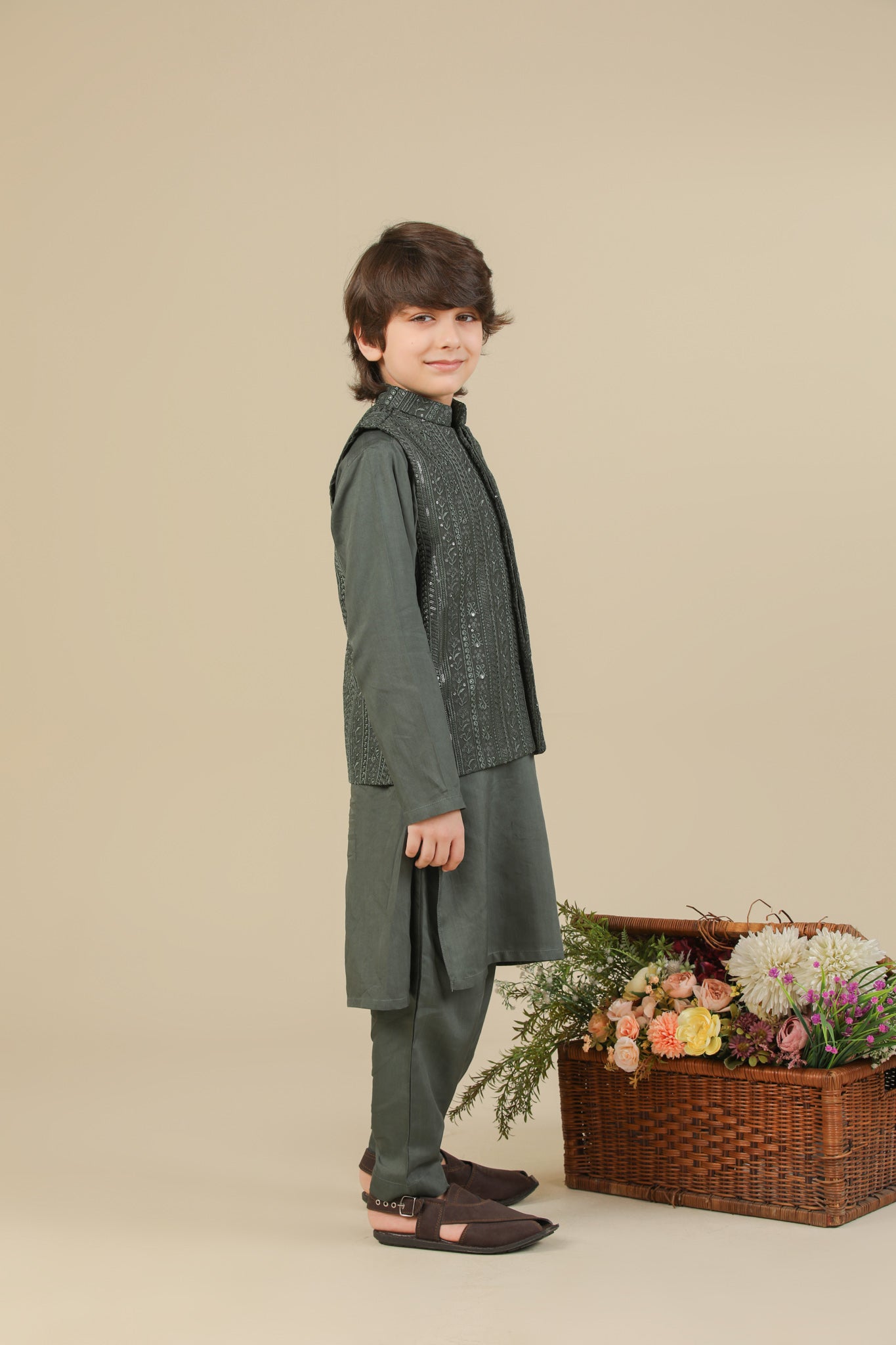 Olive Green Kurta Trouser with Falling Embroidered Waistcoat - 3PC - Kids