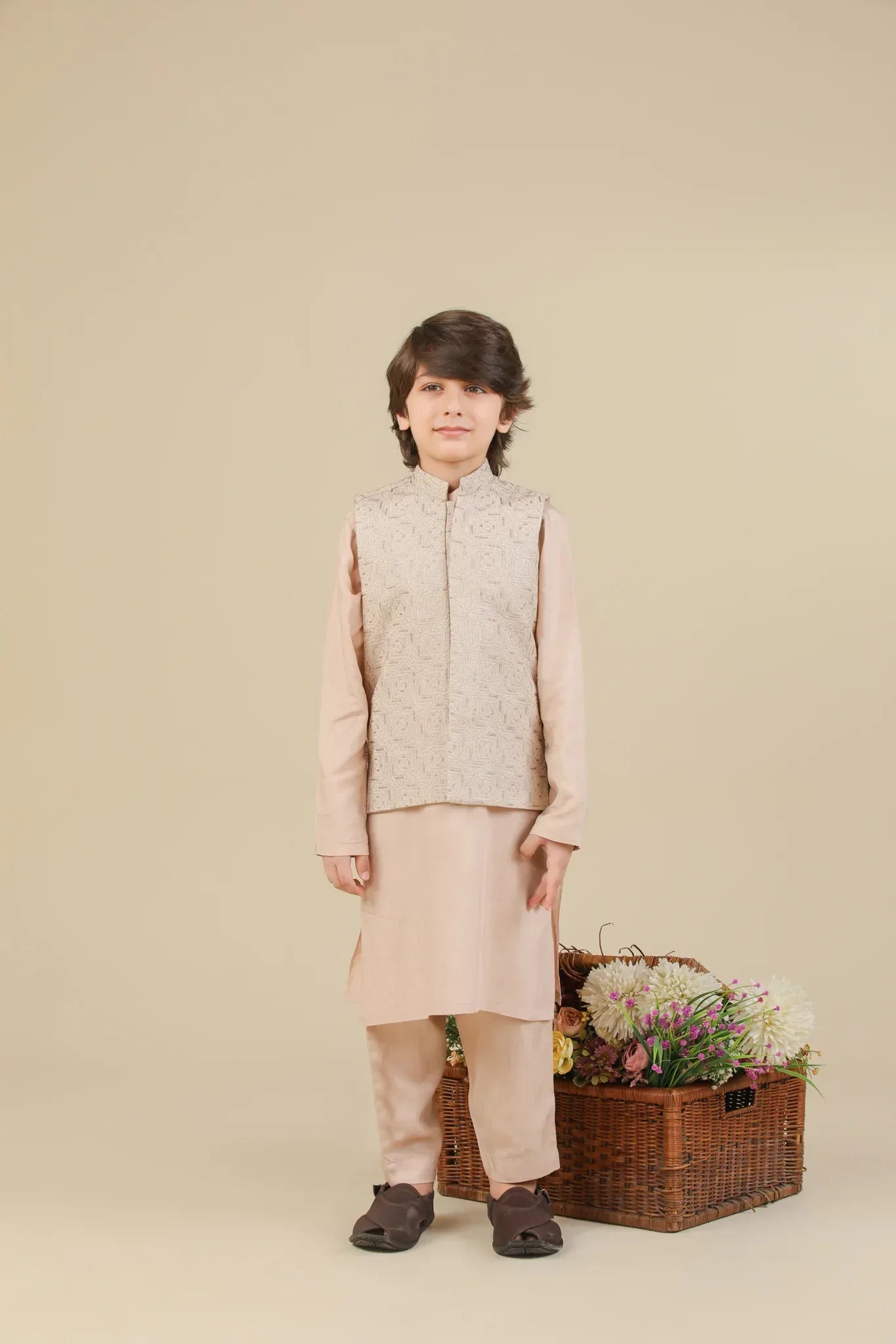 Coffee Beige Square Embroidered Waistcoat - Kids - Muraqsh -- Kidswear