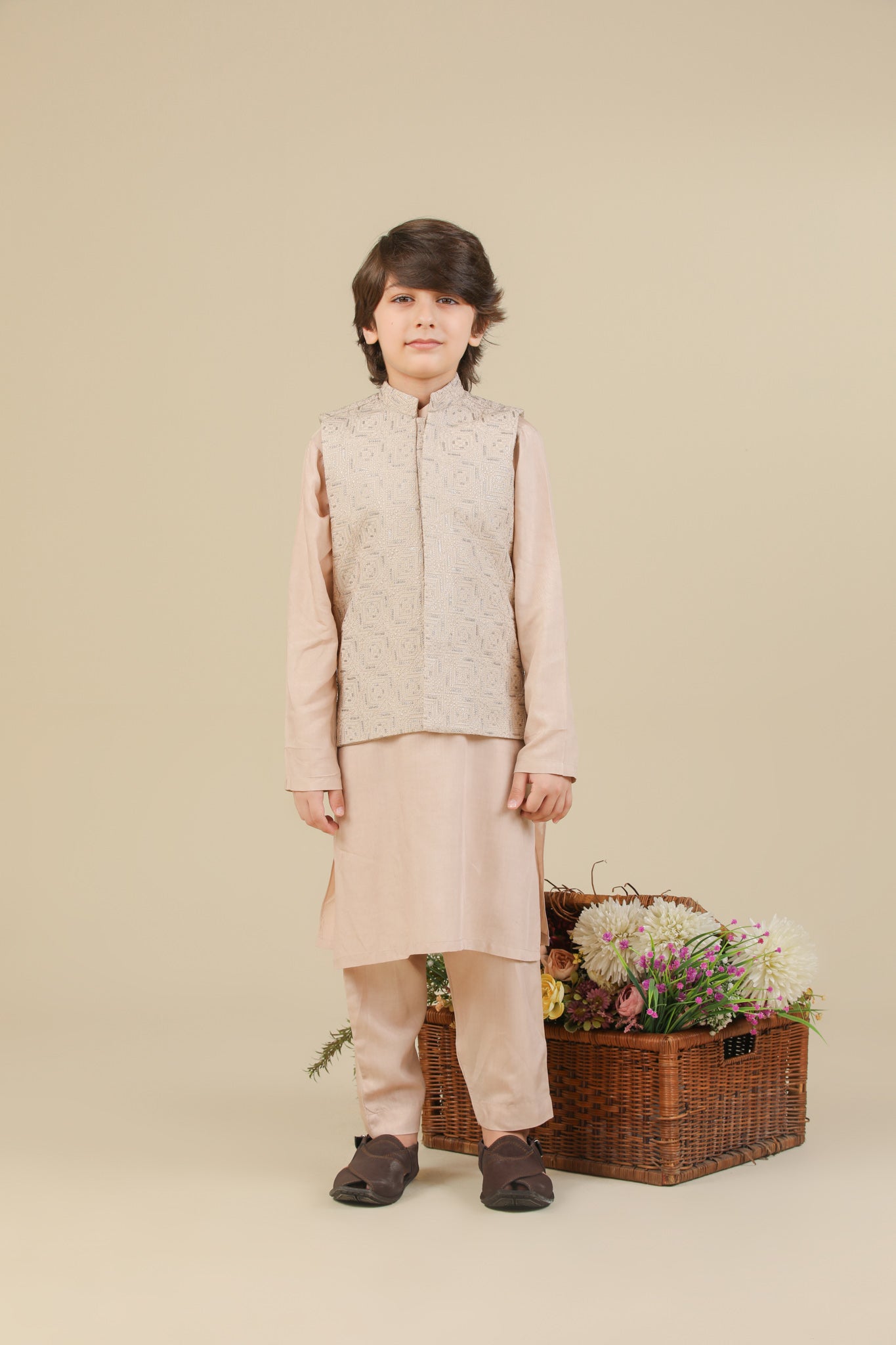 Coffee Beige Square Embroidered Waistcoat - Kids