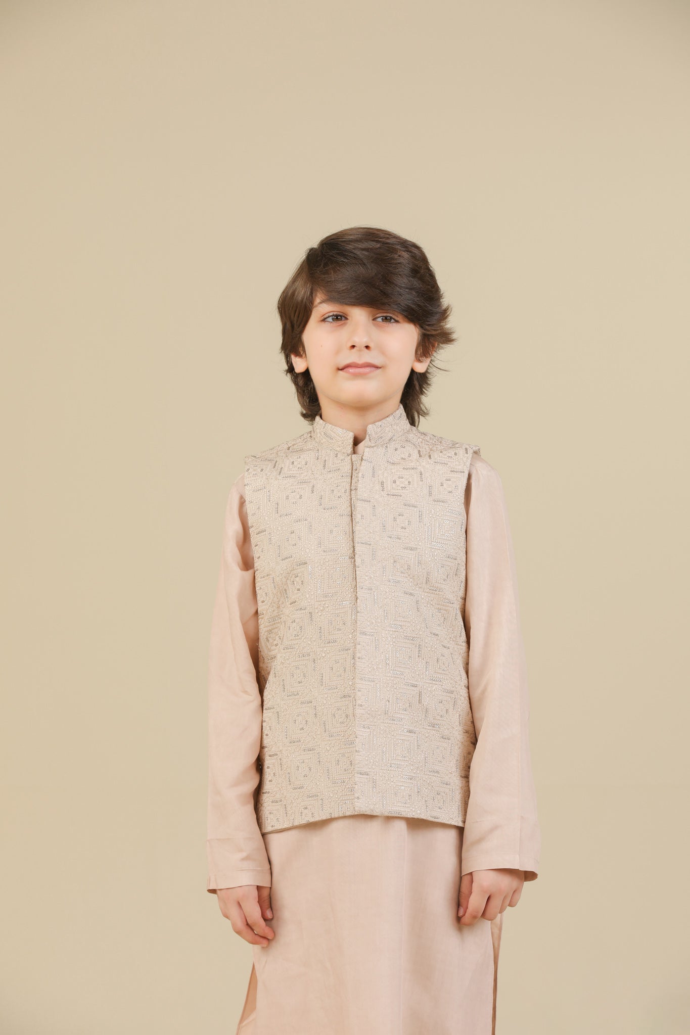 Coffee Beige Square Embroidered Waistcoat - Kids