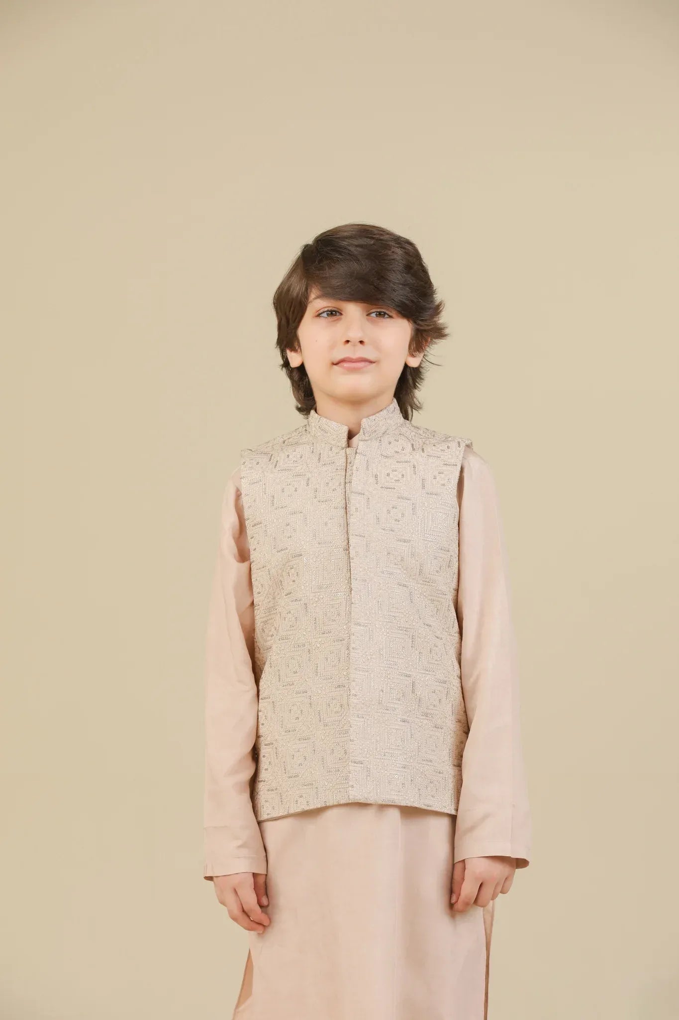 Coffee Beige Square Embroidered Waistcoat - Kids - Muraqsh -- Kidswear