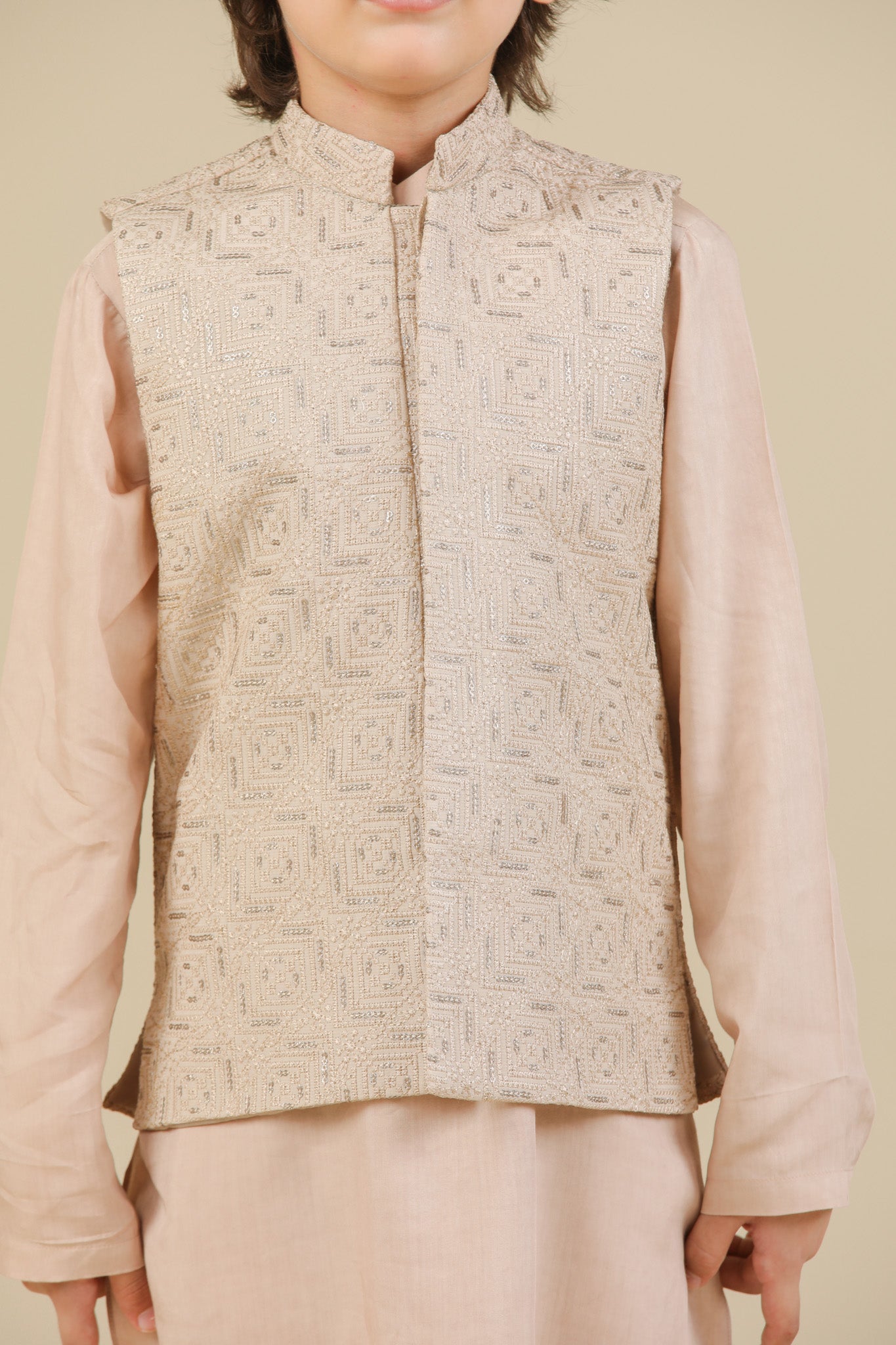 Coffee Beige Kurta Trouser with Square Embroidered Waistcoat - 3PC - Kids