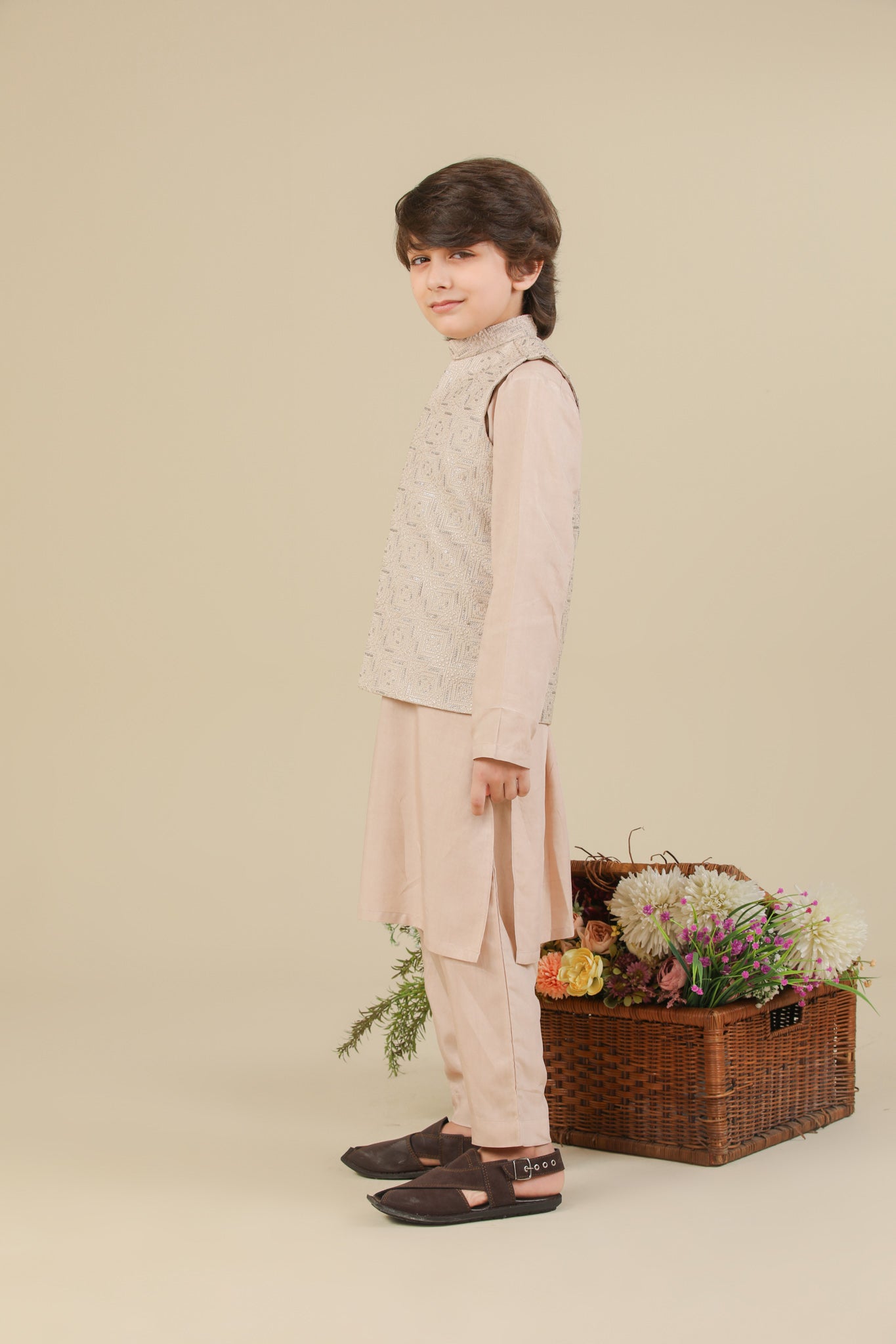 Coffee Beige Kurta Trouser with Square Embroidered Waistcoat - 3PC - Kids