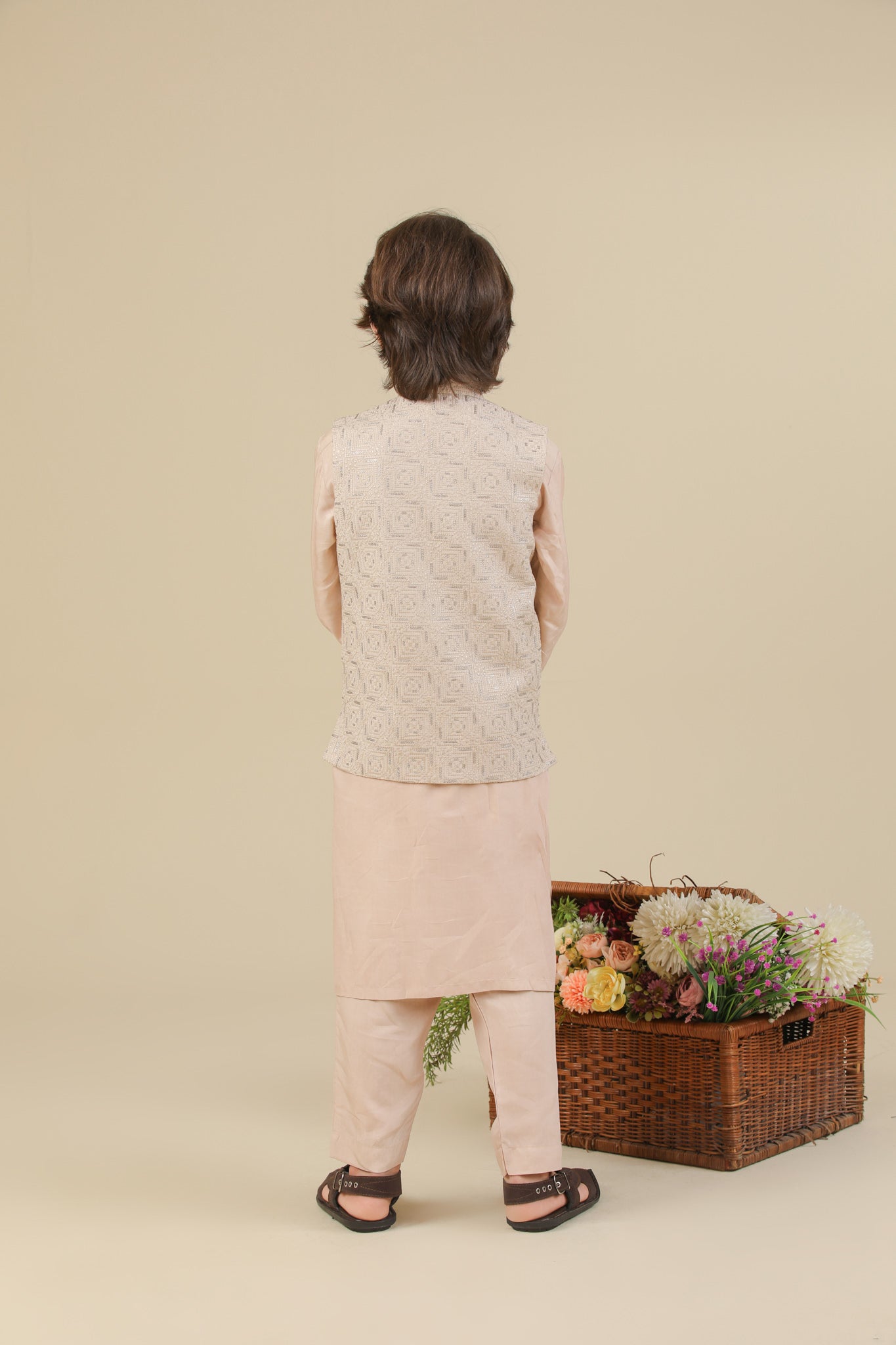Coffee Beige Kurta Trouser with Square Embroidered Waistcoat - 3PC - Kids