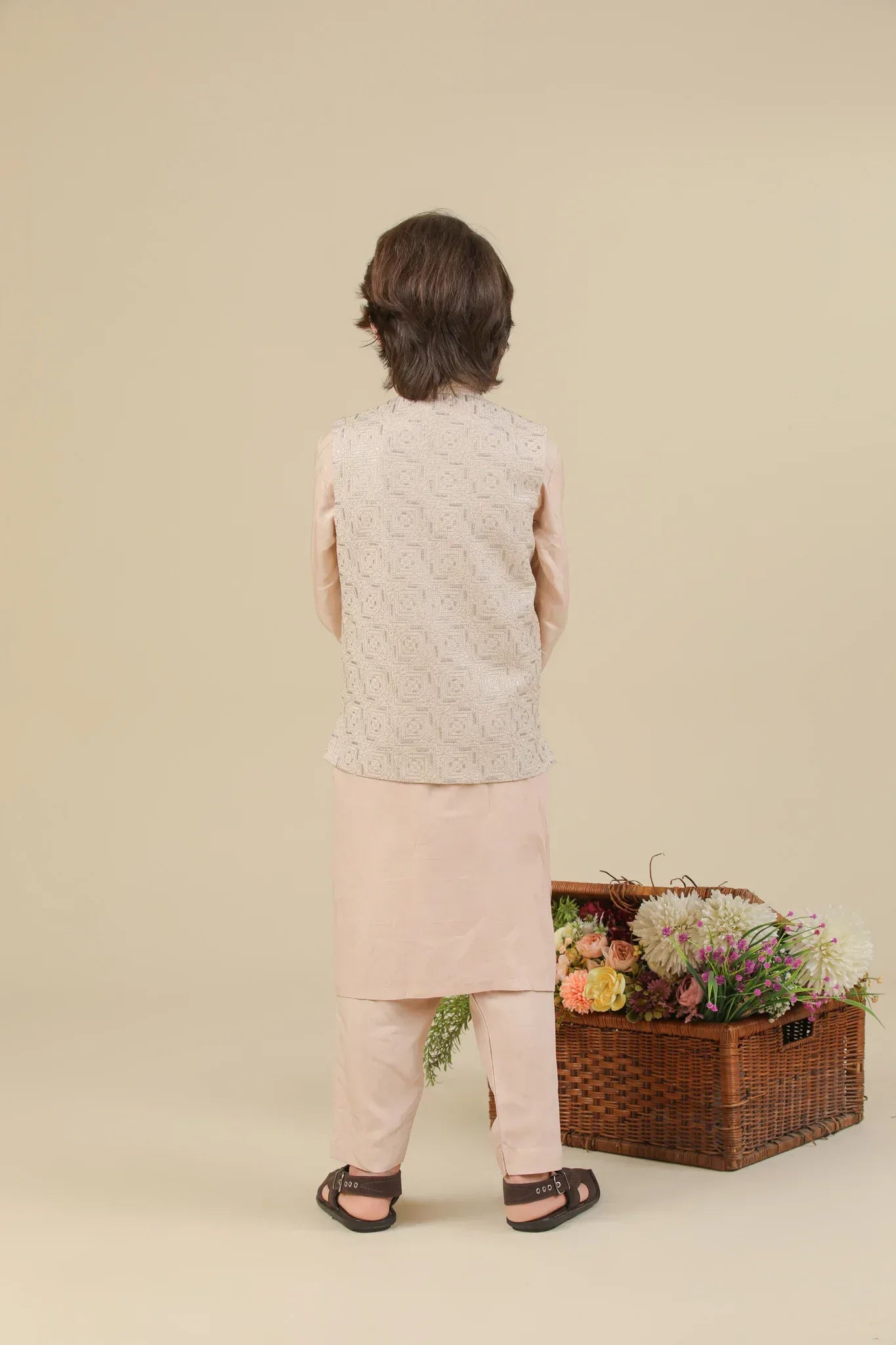 Coffee Beige Square Embroidered Waistcoat - Kids - Muraqsh -- Kidswear