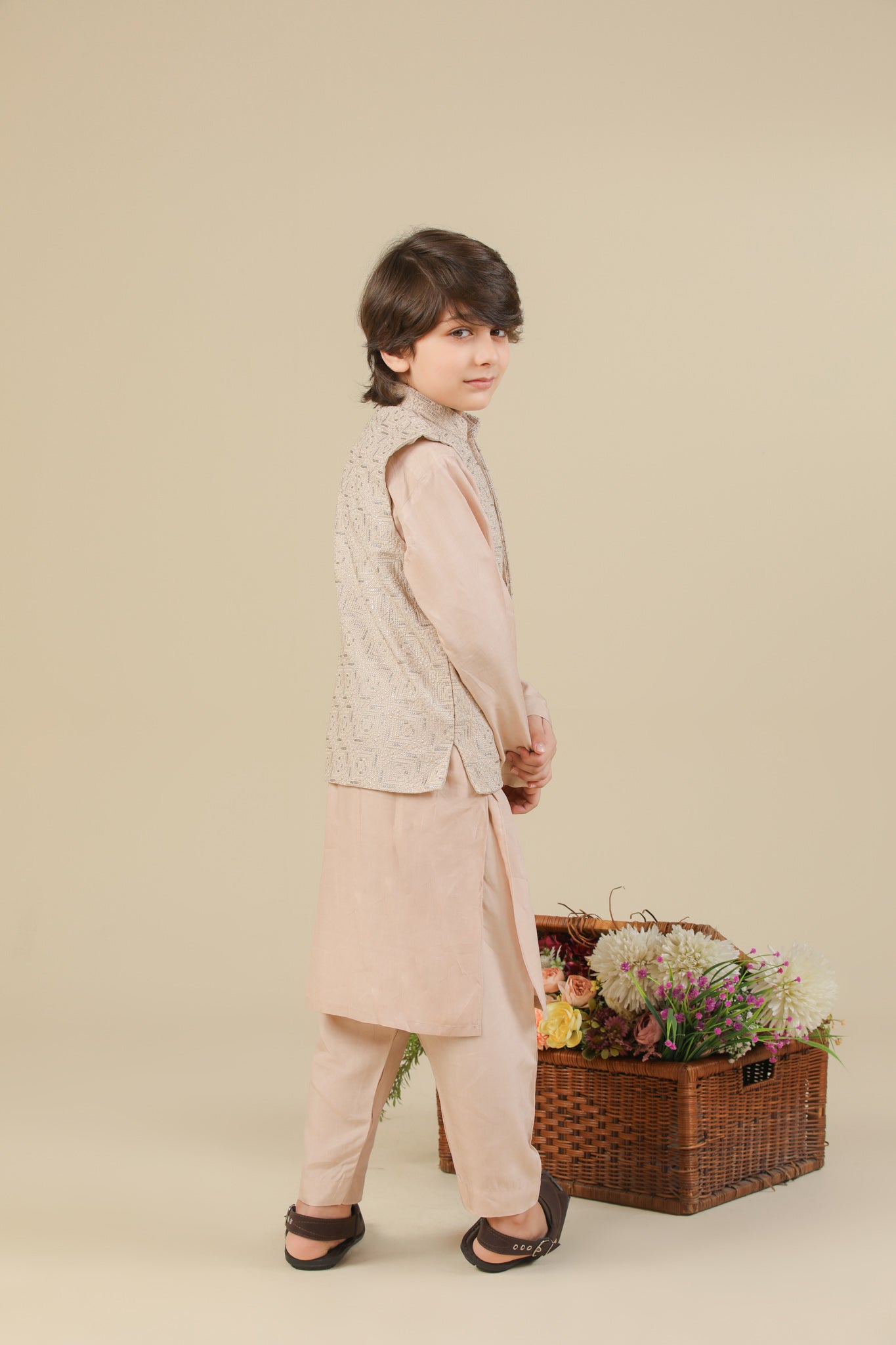 Coffee Beige Kurta Trouser with Square Embroidered Waistcoat - 3PC - Kids