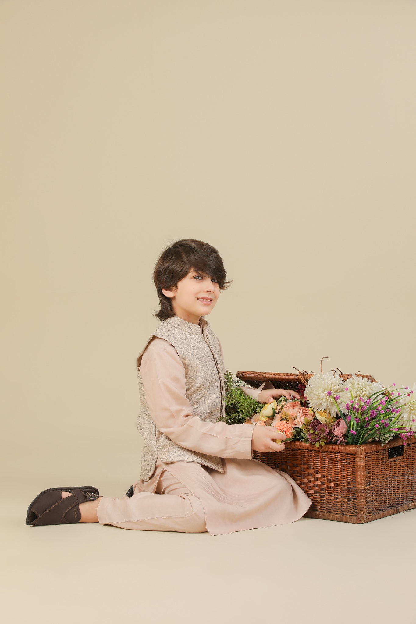 Coffee Beige Kurta Trouser with Square Embroidered Waistcoat - 3PC - Kids