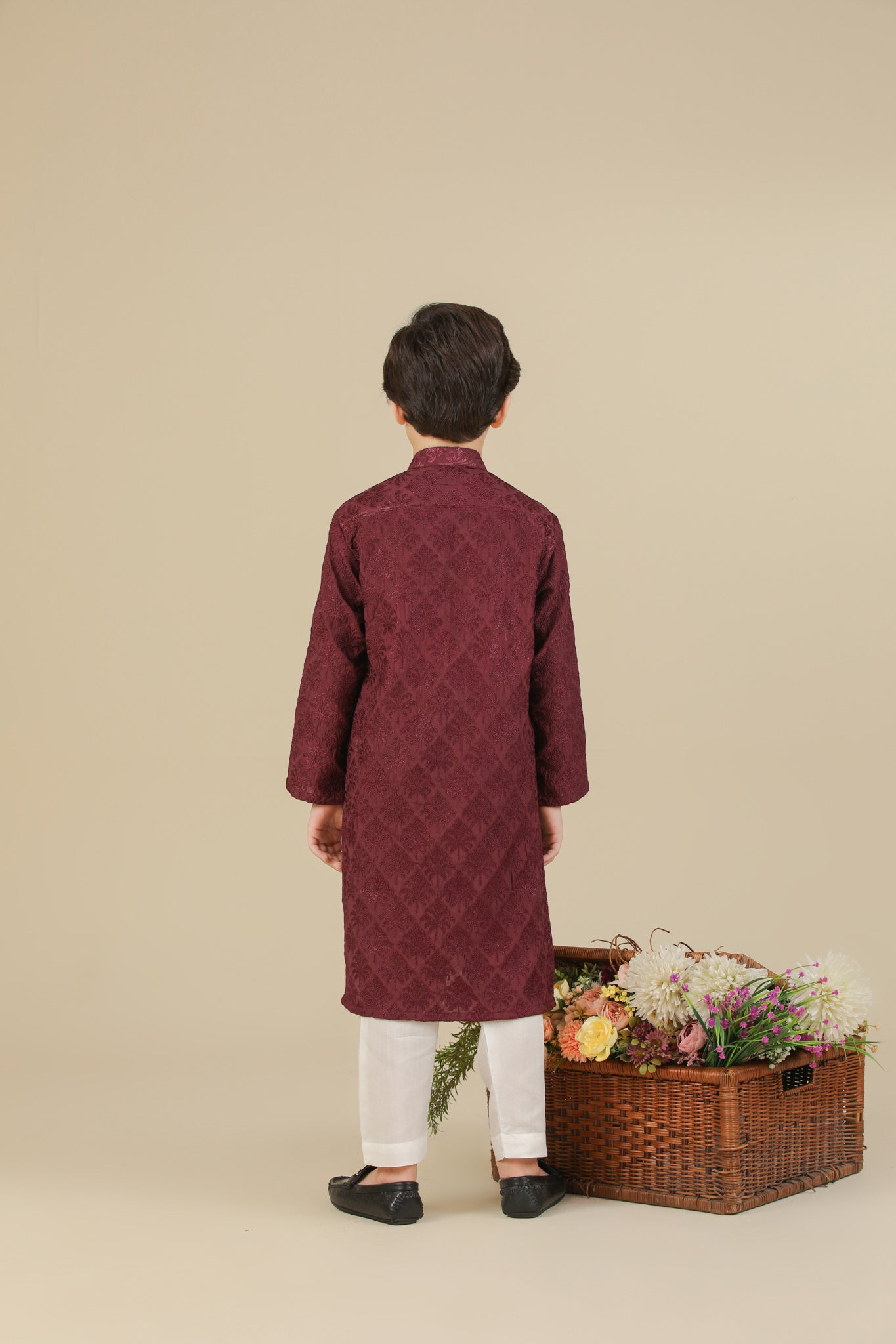 Miras - Maroon Raw Silk Embroidered Kurta Trouser - Kids