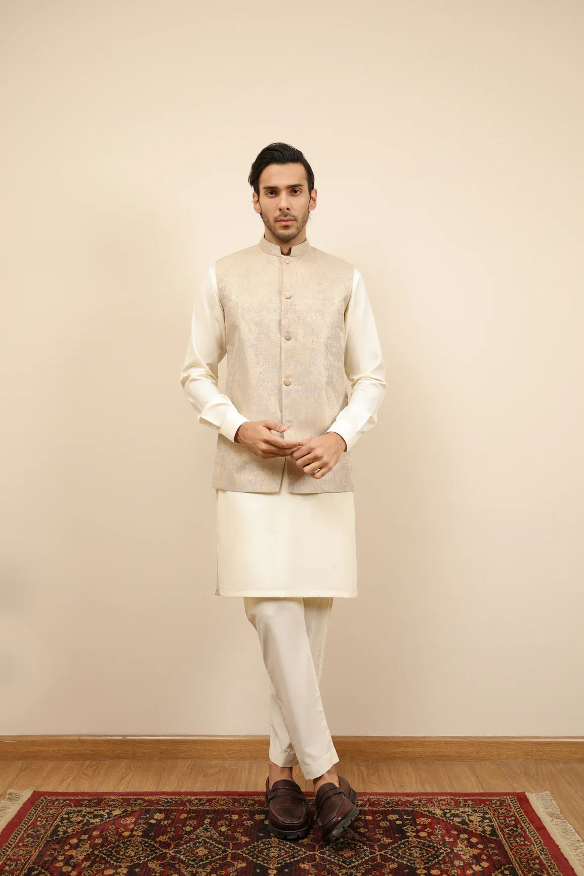 Bosky White Kurta Trouser with Blue Gold Jamawar Waistcoat - 3PC - Men - Muraqsh -- Wedding Wear