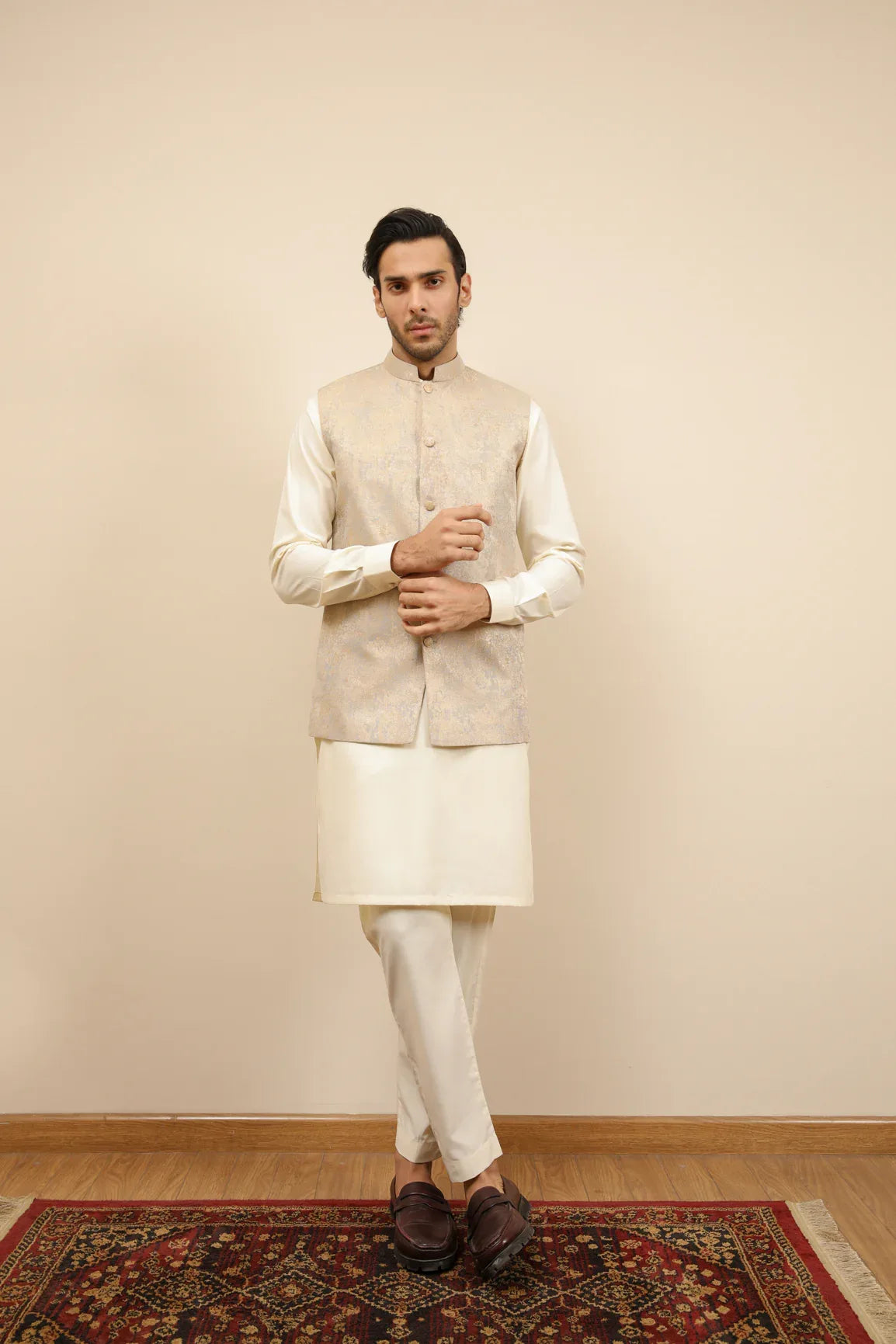 Bosky White Kurta Trouser with Blue Gold Jamawar Waistcoat - 3PC - Men - Muraqsh -- Wedding Wear