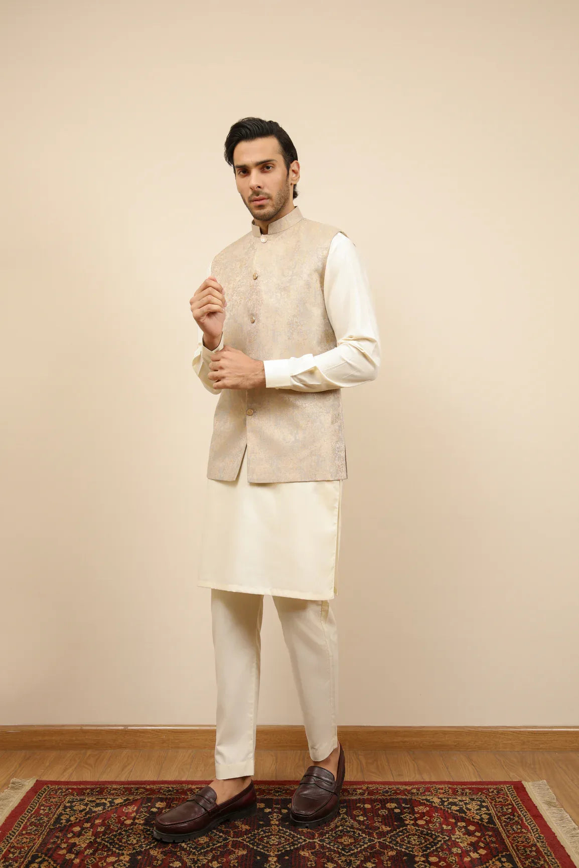 Bosky White Kurta Trouser with Blue Gold Jamawar Waistcoat - 3PC - Men - Muraqsh -- Wedding Wear
