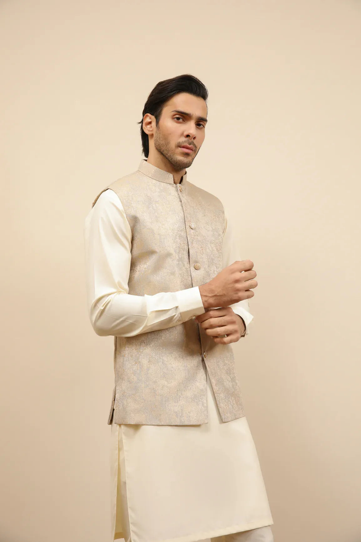 Bosky White Kurta Trouser with Blue Gold Jamawar Waistcoat - 3PC - Men - Muraqsh -- Wedding Wear