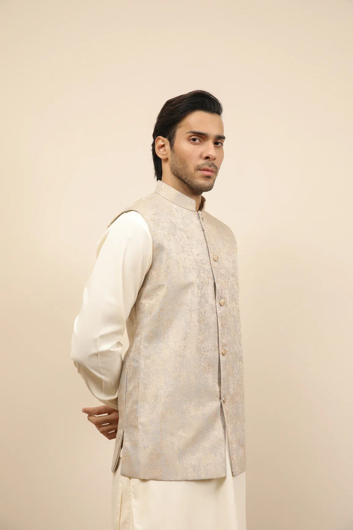 Blue Gold Textured Jamawar Waistcoat - Men - Muraqsh -- Wedding Wear