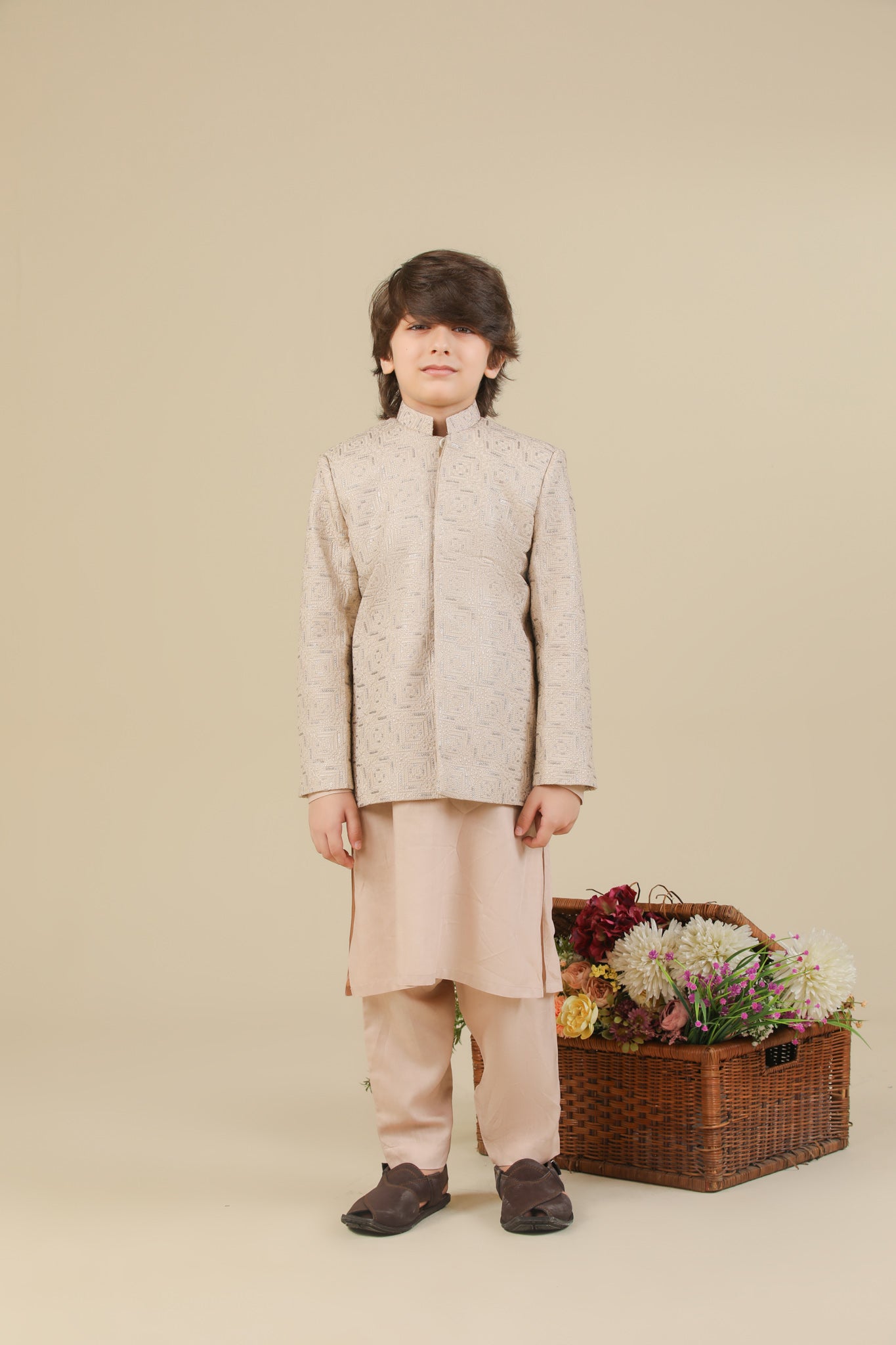 Coffee Beige Kurta Trouser with Square Embroidered Prince Coat - 3PC - Kids