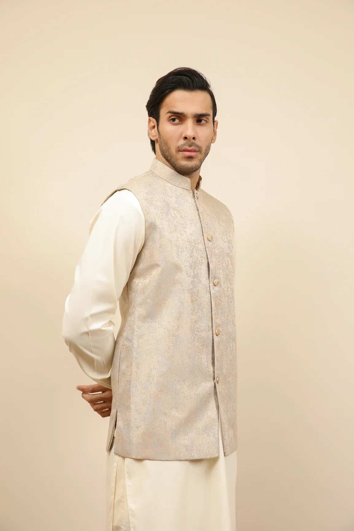 Bosky White Kurta Trouser with Blue Gold Jamawar Waistcoat - 3PC - Men - Muraqsh -- Wedding Wear