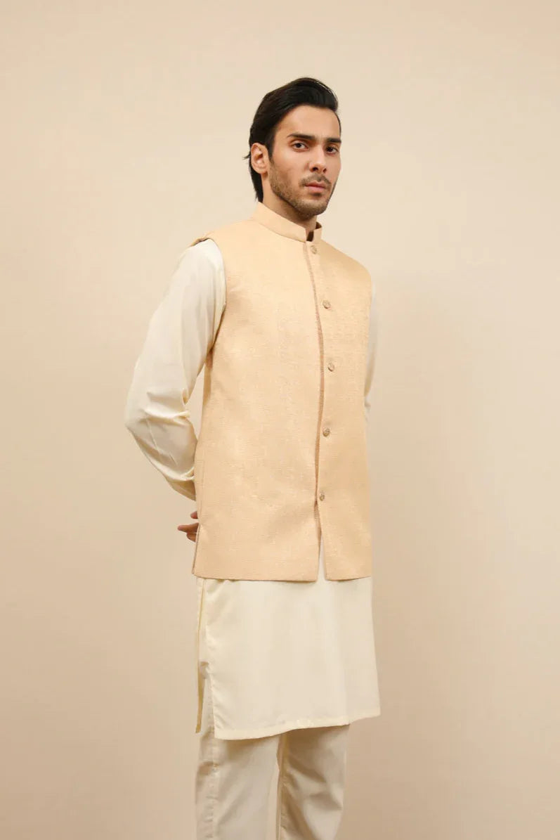 Ivory Jamawar Textured Waistcoat - Men - Muraqsh -- Wedding Wear