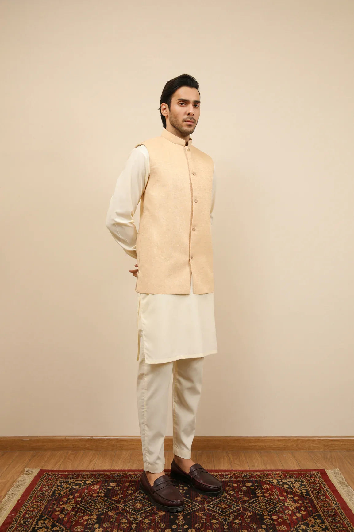 Bosky White Kurta Trouser with Ivory Jamawar Waistcoat - 3PC - Men - Muraqsh -- Wedding Wear